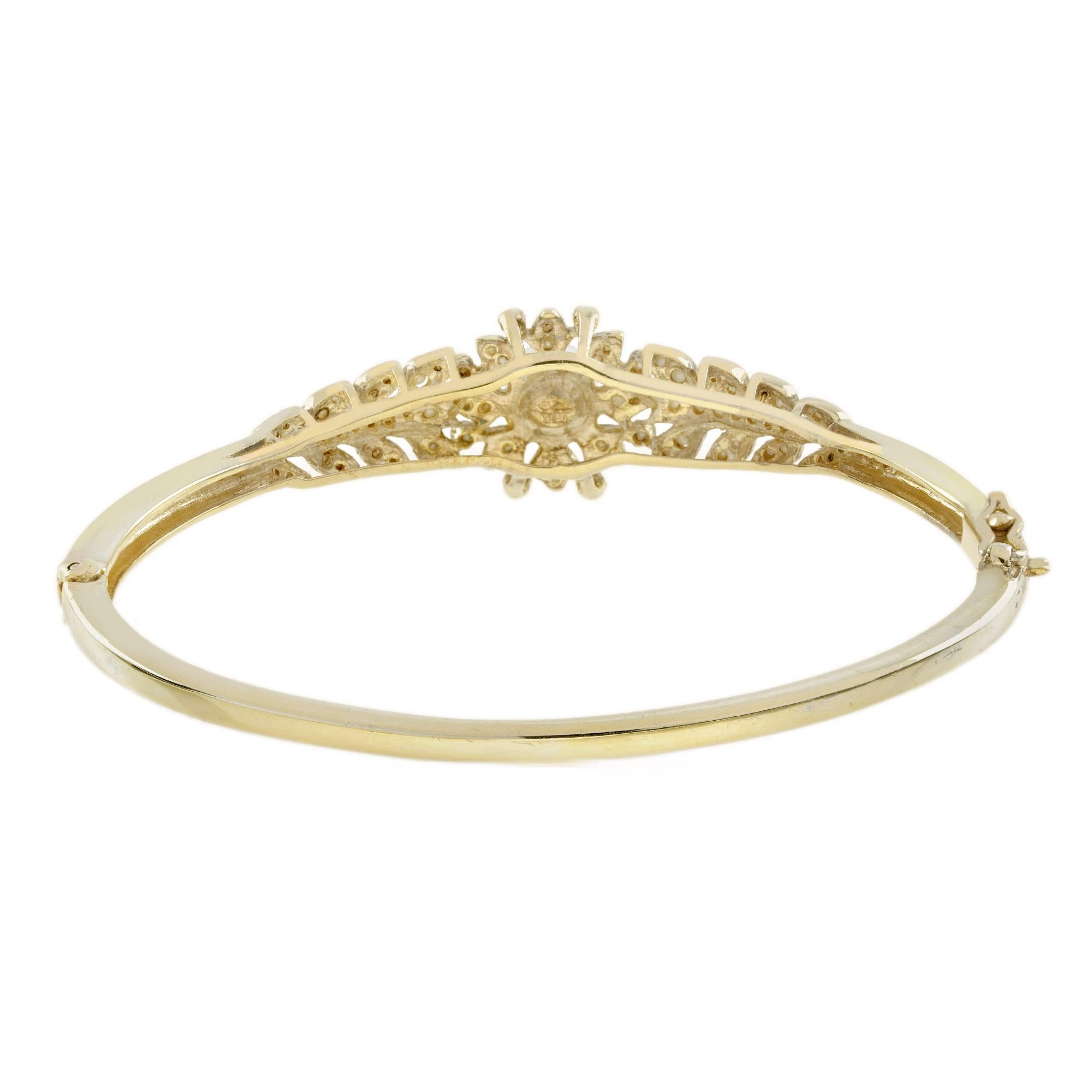Art Deco Fresh Water Pearl Victorian Style Bangle Bracelet in 14K Yellow Gold For Sale