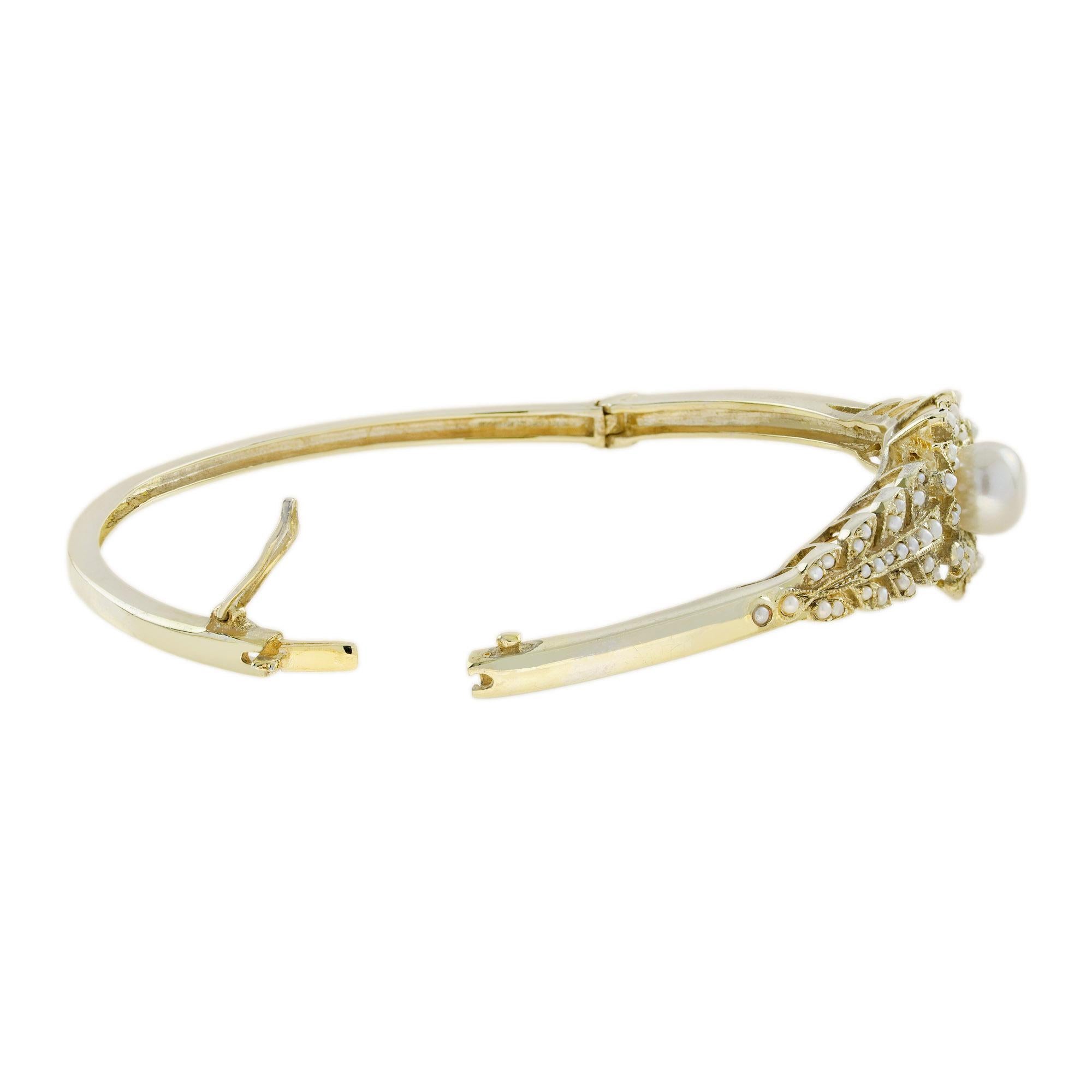 Round Cut Fresh Water Pearl Victorian Style Bangle Bracelet in 14K Yellow Gold For Sale