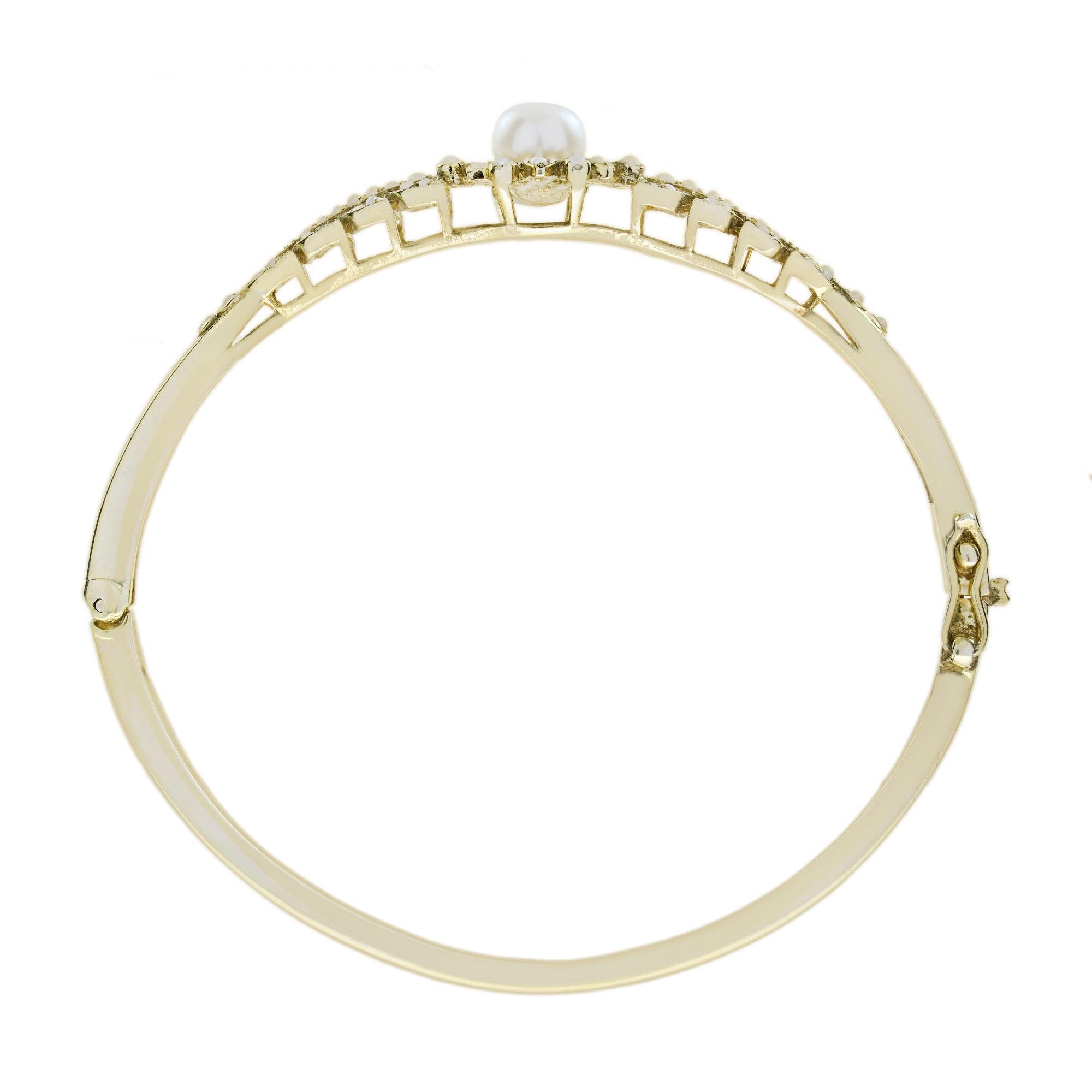 Fresh Water Pearl Victorian Style Bangle Bracelet in 14K Yellow Gold In New Condition For Sale In Bangkok, TH