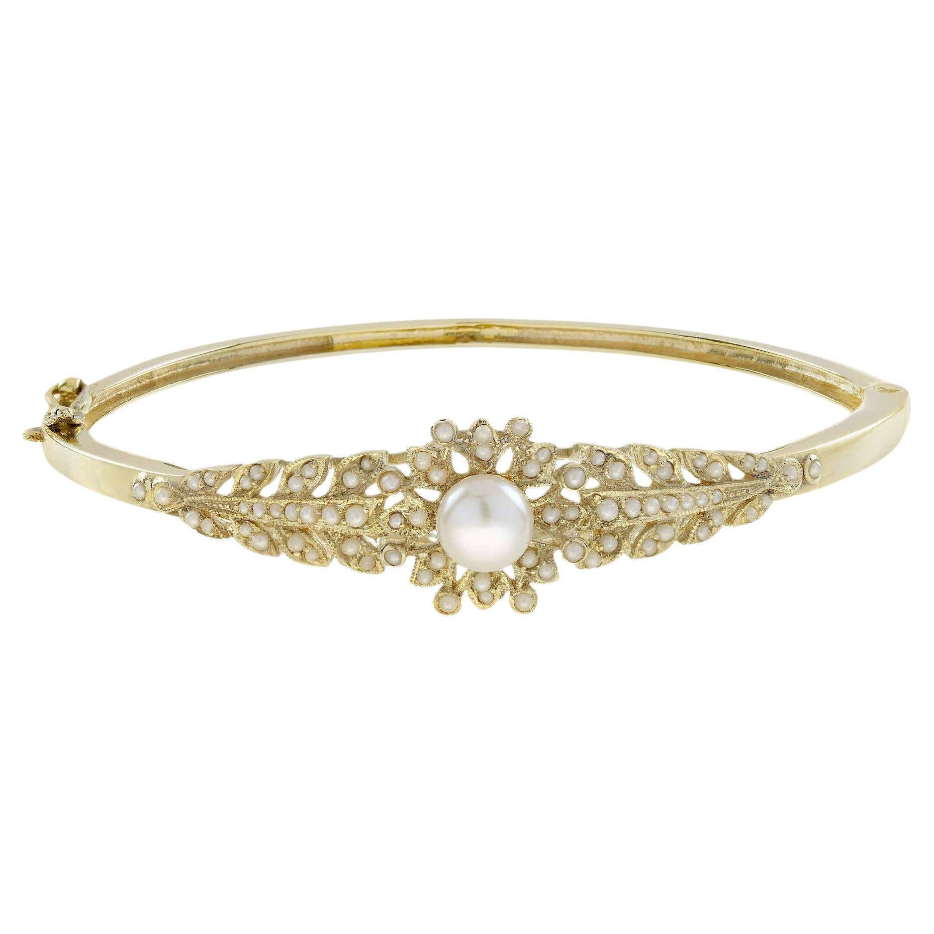 Fresh Water Pearl Victorian Style Bangle Bracelet in 14K Yellow Gold For Sale