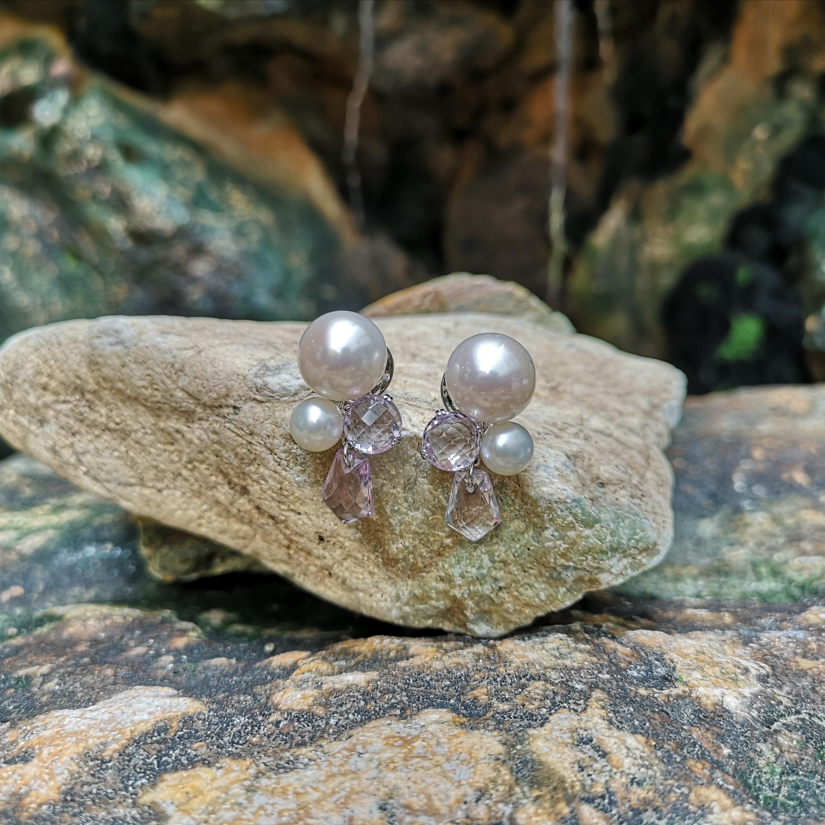 Contemporain Boucles d'oreilles en or blanc 18 carats serties de perles d'eau douce et d'améthystes en vente