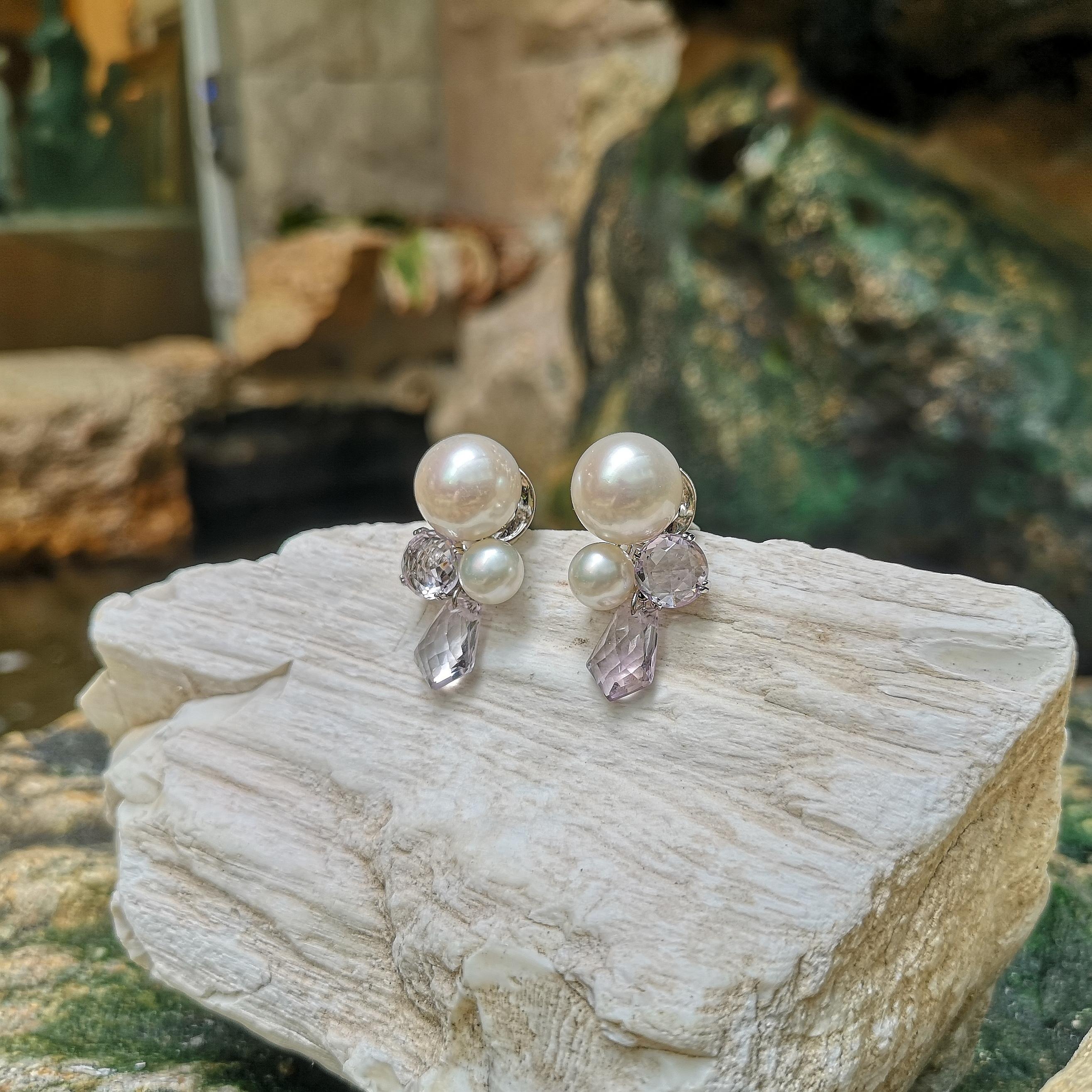 Boucles d'oreilles en or blanc 18 carats serties de perles d'eau douce et d'améthystes Pour femmes en vente