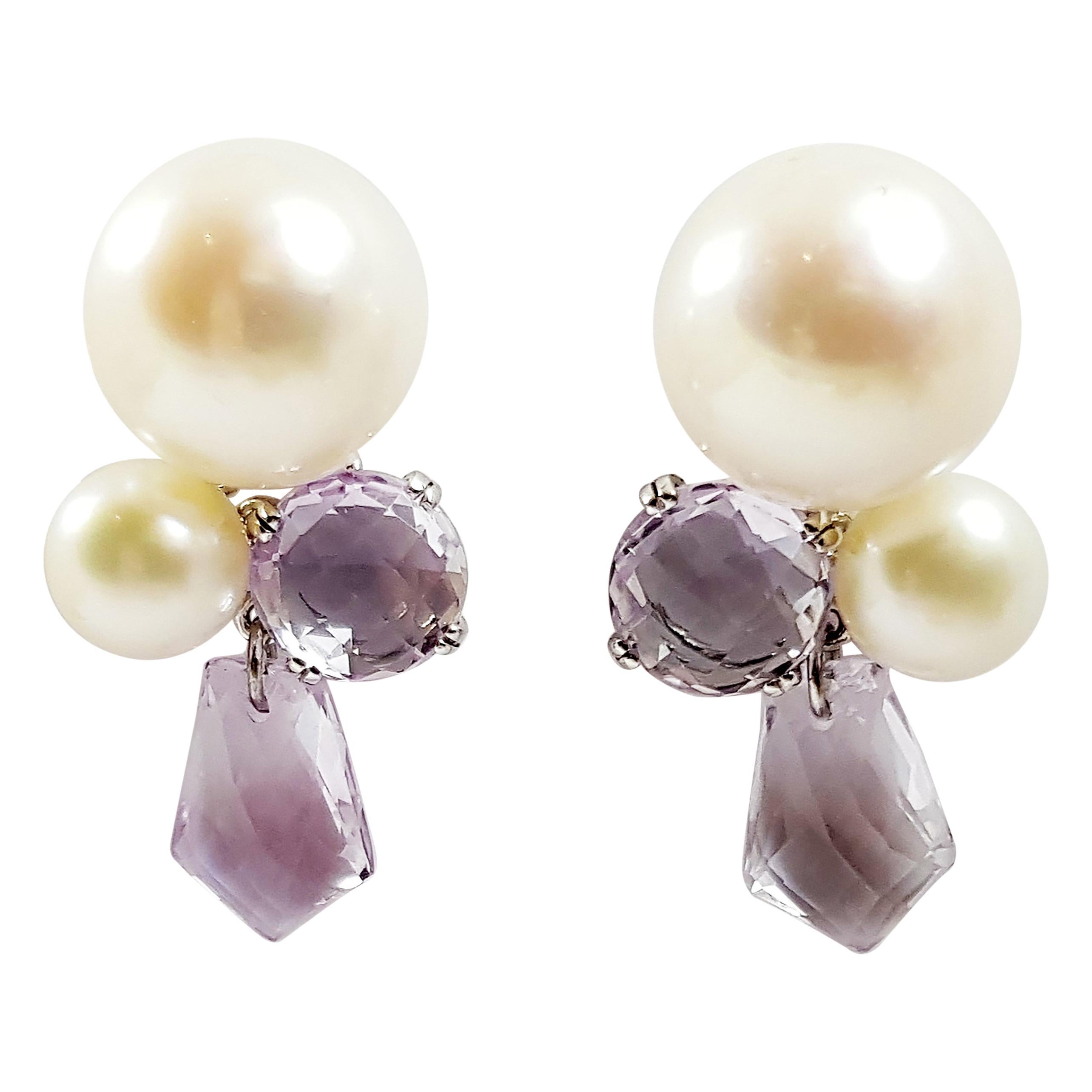 Fresh Water Pearl with Amethyst Earrings Set in 18 Karat White Gold Settings