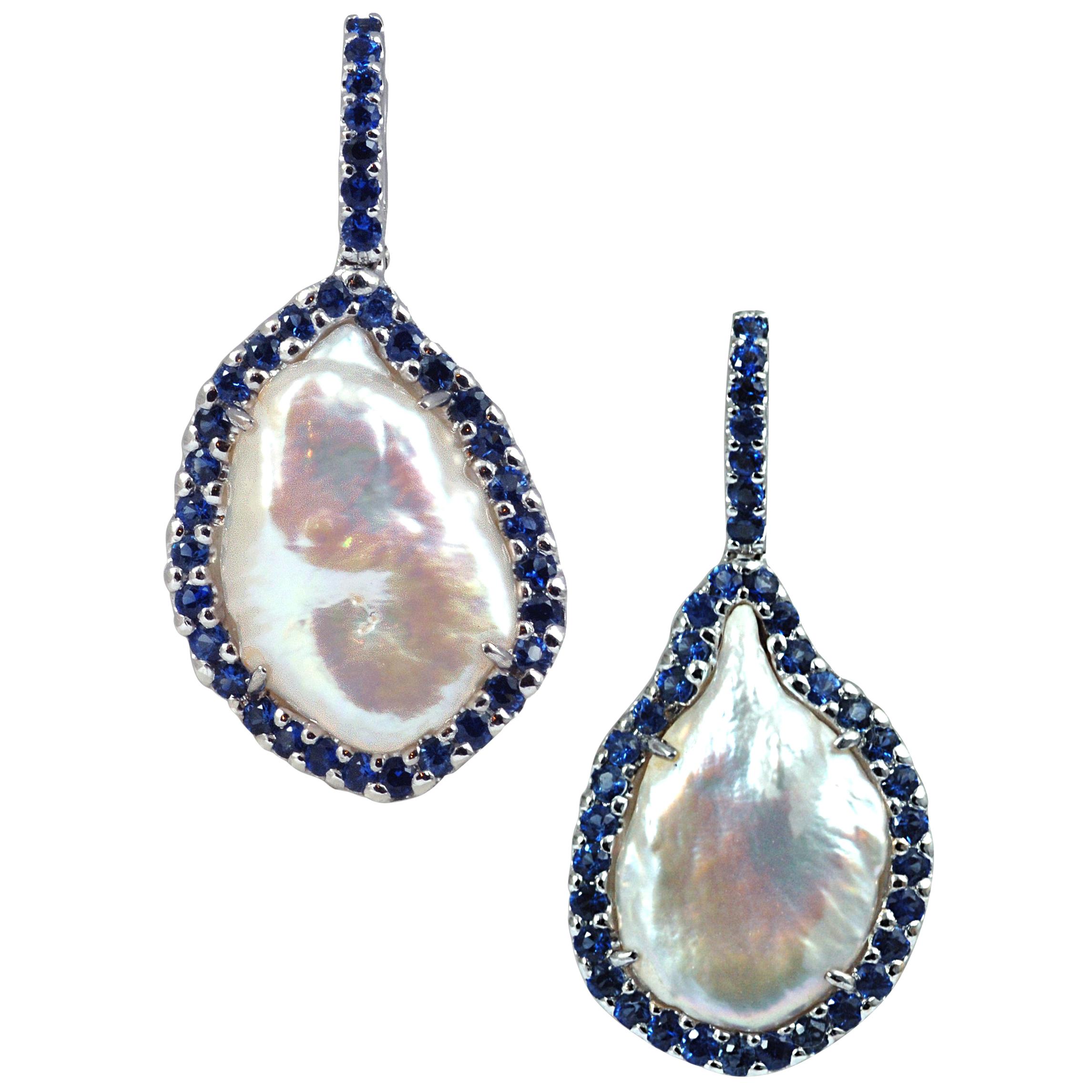 Fresh Water Pearl with Blue Sapphire 1.94 cts Earrings in 18k White ...