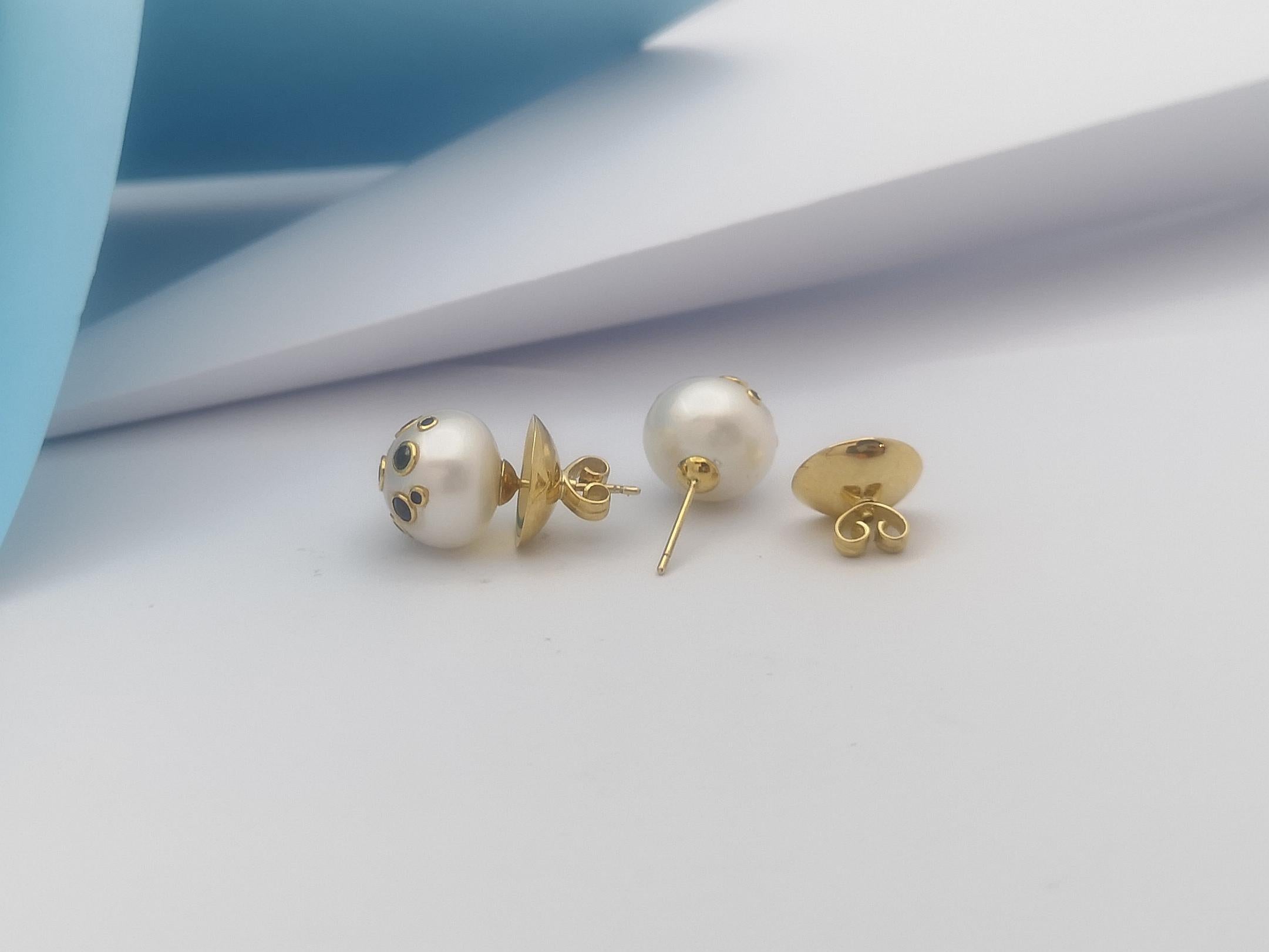 Women's Fresh Water Pearl with Blue Sapphire Earrings Set in 18 Karat Gold Settings For Sale