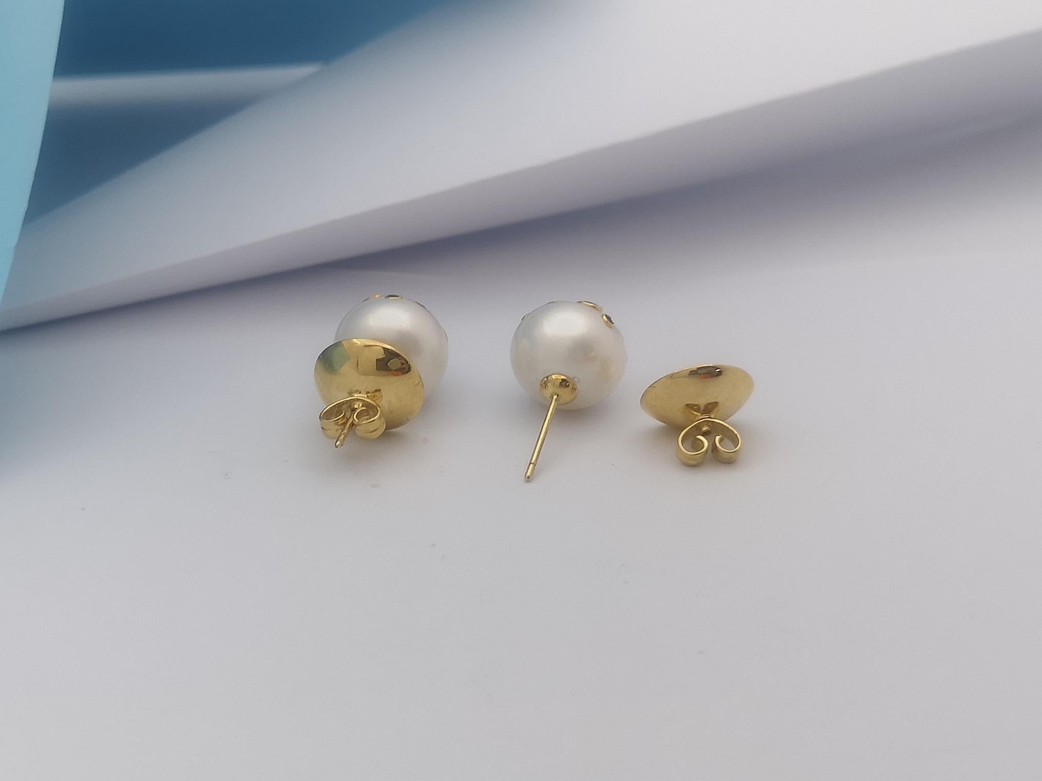 Fresh Water Pearl with Blue Sapphire Earrings Set in 18 Karat Gold Settings For Sale 1
