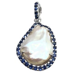 Fresh Water Pearl with Blue Sapphire Pendant Set in 18 Karat White Gold Settings