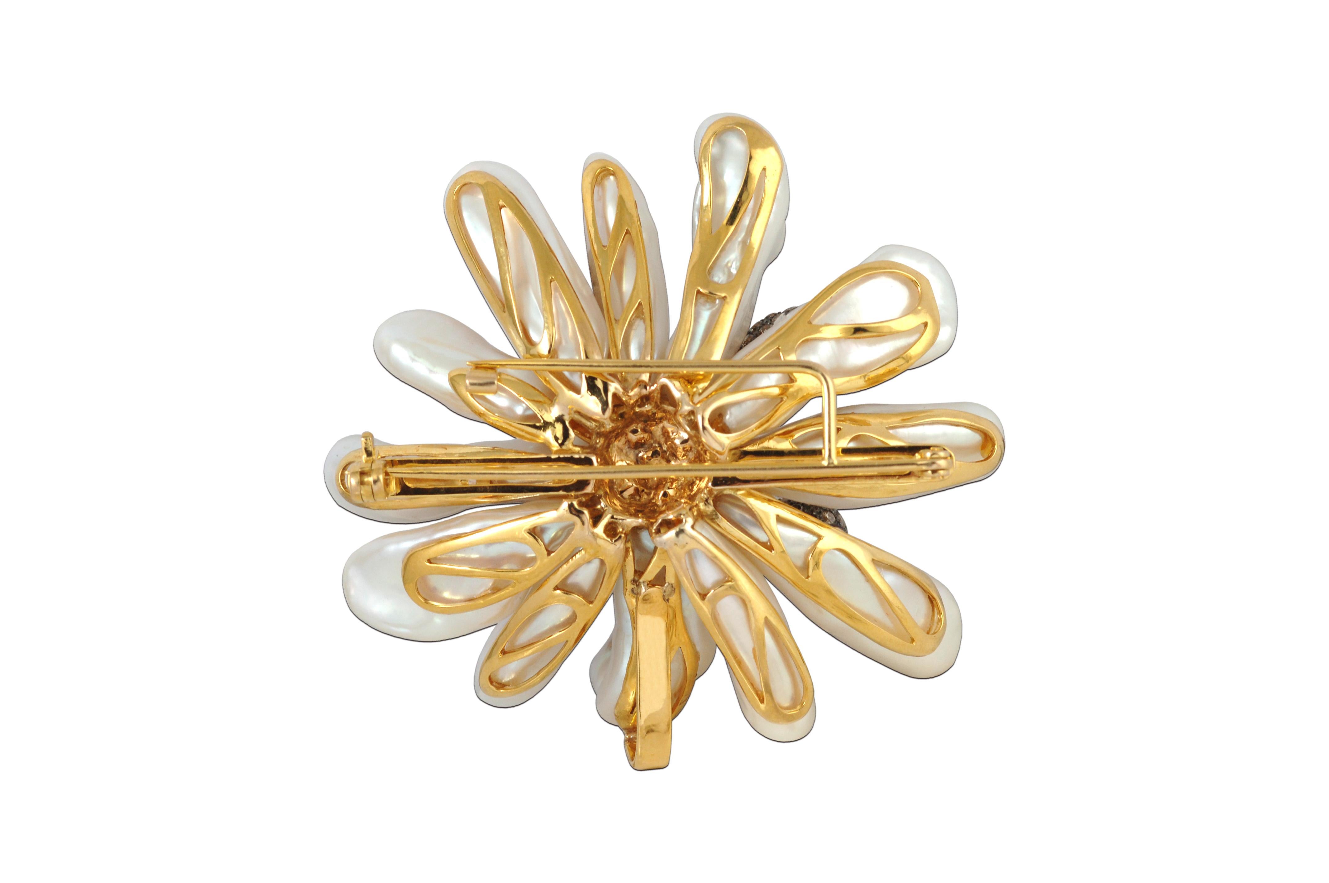 Uncut Fresh Water Pearl with Brown Diamond Flower Brooch Set in 18 Karat Gold