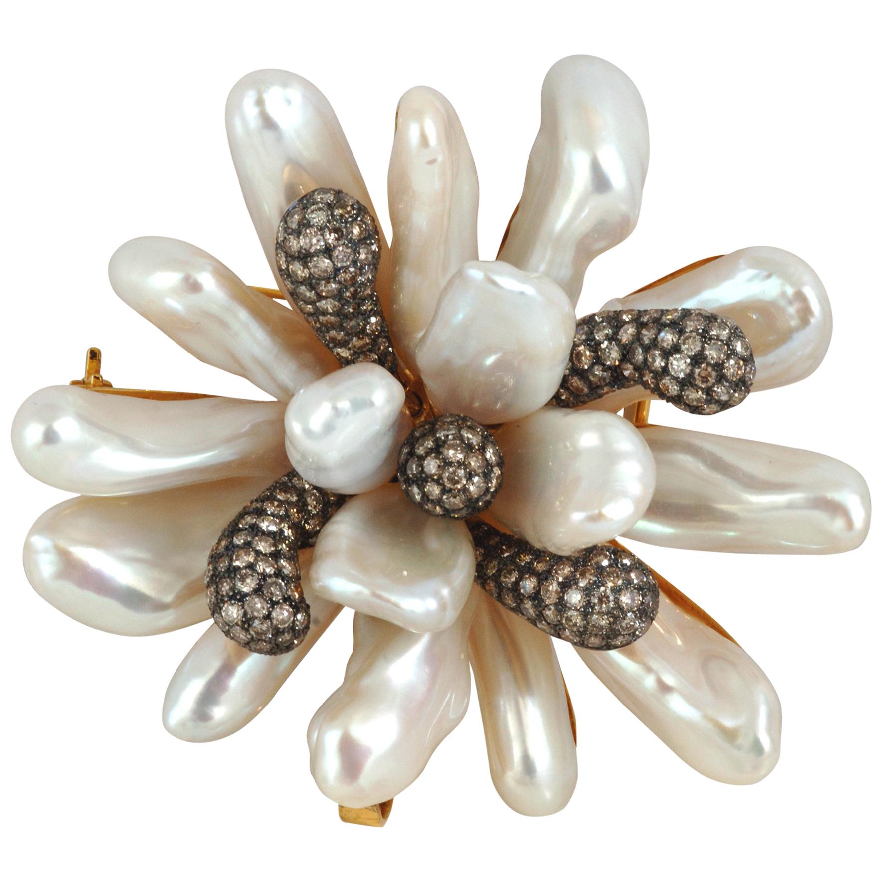 Fresh Water Pearl with Brown Diamond Flower Brooch Set in 18 Karat Gold