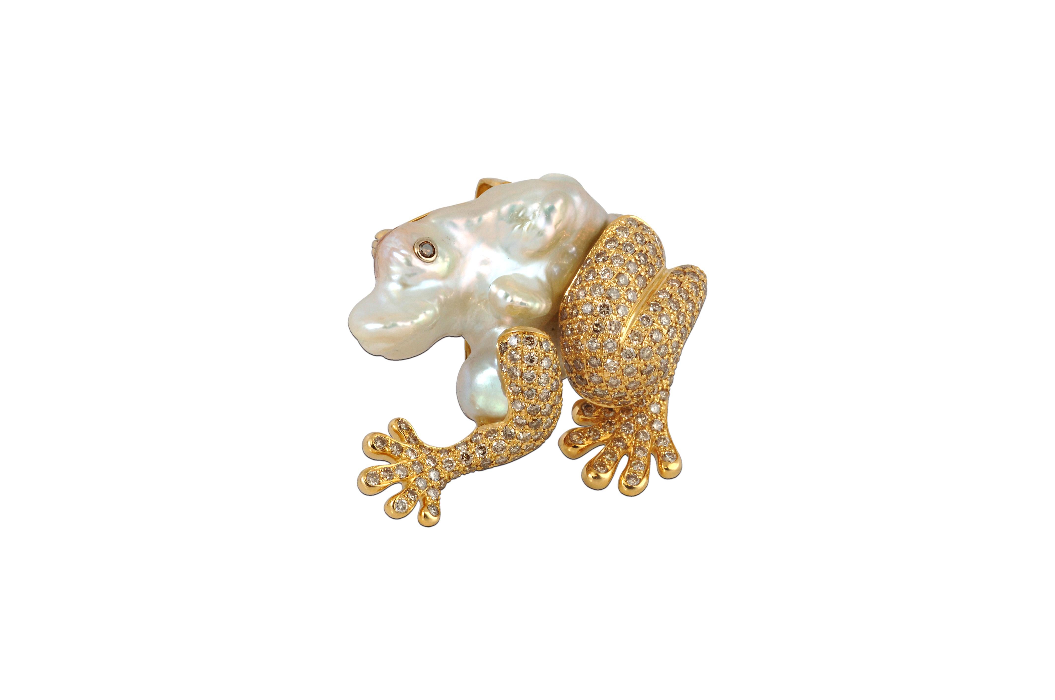 Uncut Fresh Water Pearl with Brown Diamond Frog Brooch Set in 18 Karat Gold Settings For Sale