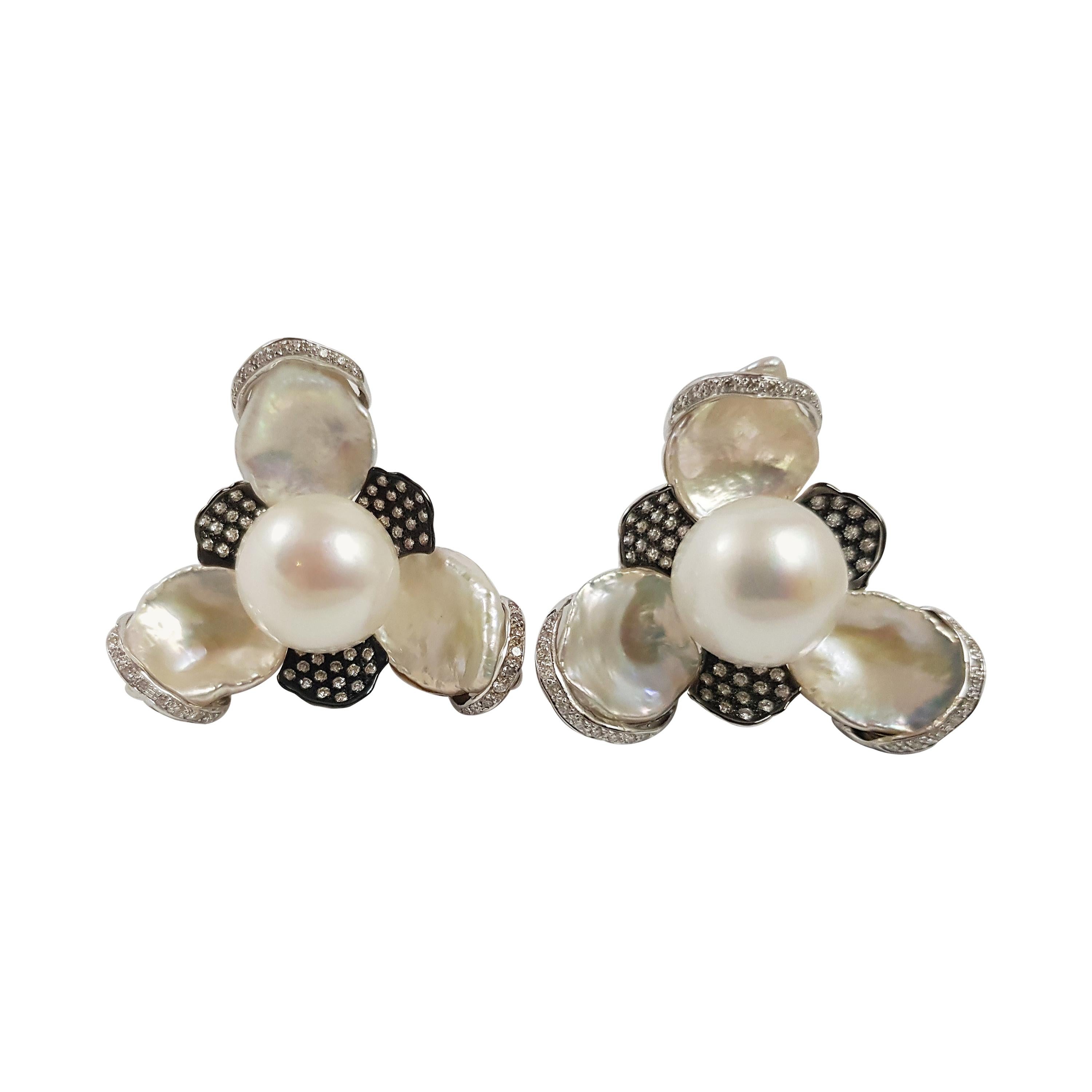 Fresh Water Pearl with Brown Diamond Earring Set in 18 Karat White Gold Settings For Sale