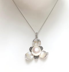Fresh Water Pearl with Brown Diamond Flower Pendant Set in 18 Karat White Gold