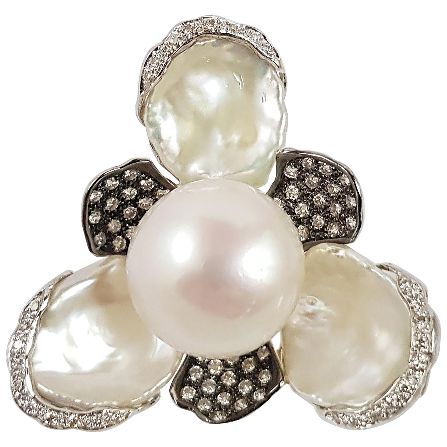 Fresh Water Pearl with Brown Diamond Ring Set in 18 Karat White Gold Settings