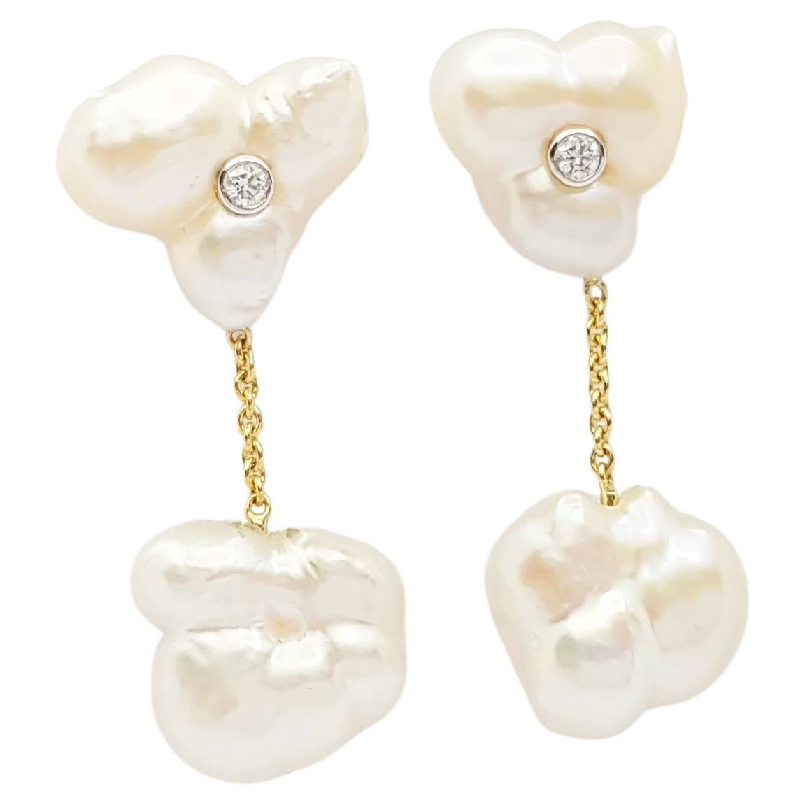 Fresh Water Pearl with Diamond 0.08 carat Earrings set in 18K Gold Settings