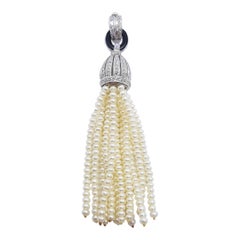 Fresh Water Pearl, Diamond, Onyx Tassel Pendant Set in 18 Karat White Gold