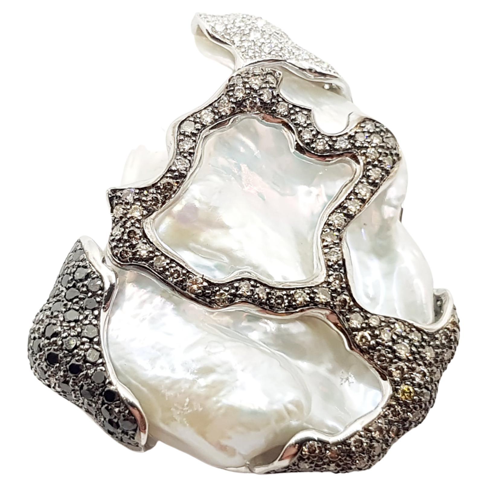 Fresh Water Pearl with Diamond, Black Diamond Pendant  in 18 Karat White Gold 