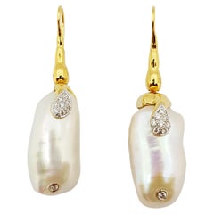Fresh Water Pearl with Diamond Earrings Set in 18 Karat Gold Settings