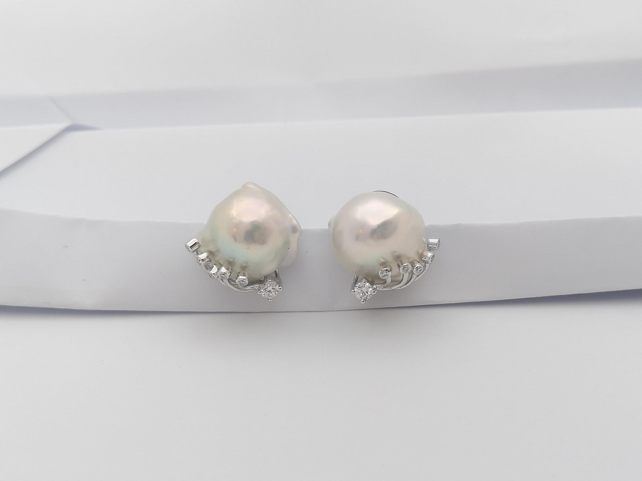 Brilliant Cut Fresh Water Pearl with Diamond Earrings Set in 18 Karat White Gold Settings For Sale