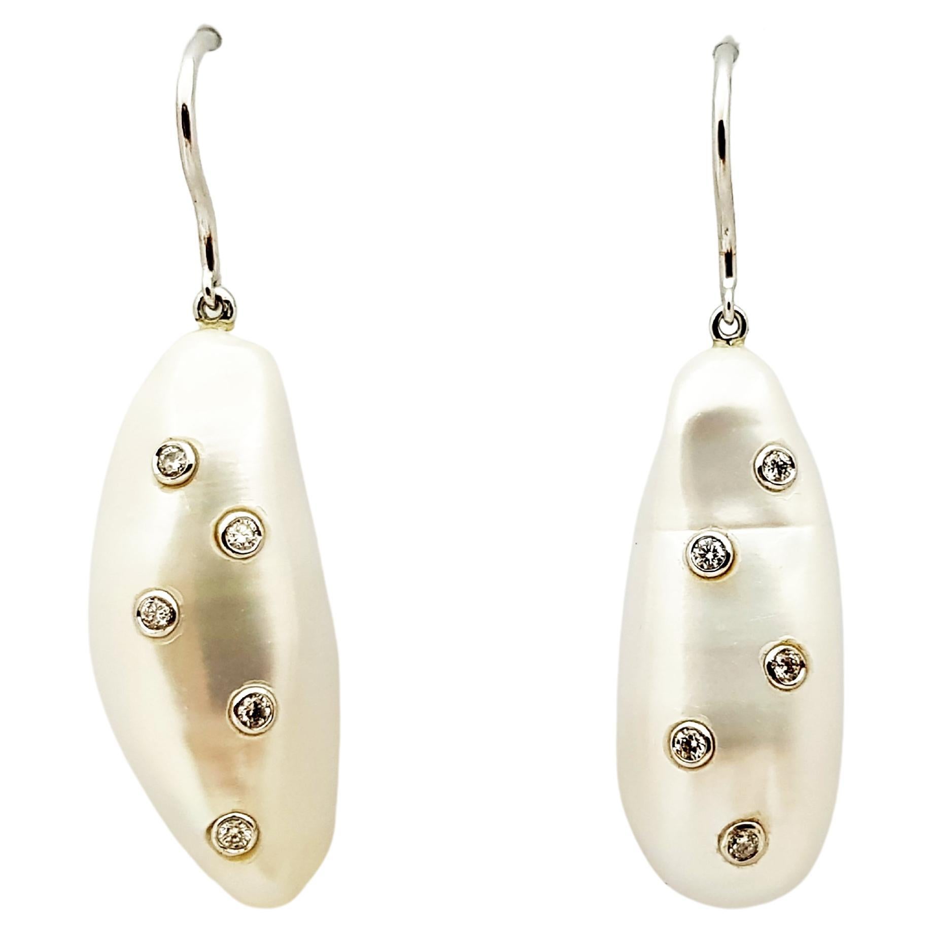 Fresh Water Pearl with Diamond Earrings Set in 18 Karat White Gold Settings For Sale