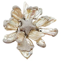 Fresh Water Pearl with Diamond Flower Brooch Set in 18 Karat White Gold Settings