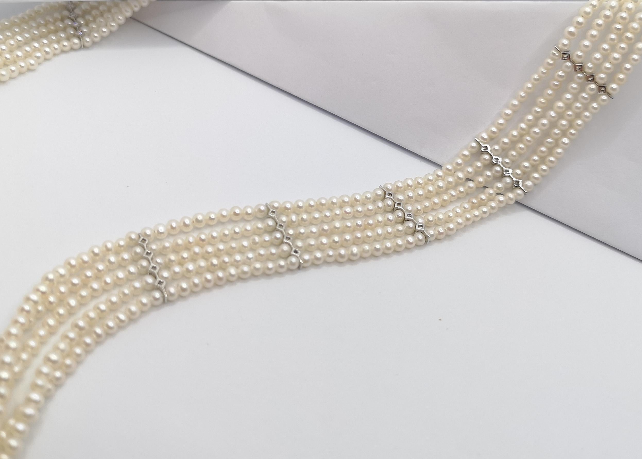 Women's Fresh Water Pearl with Diamond Necklace Set in 18 Karat White Gold For Sale