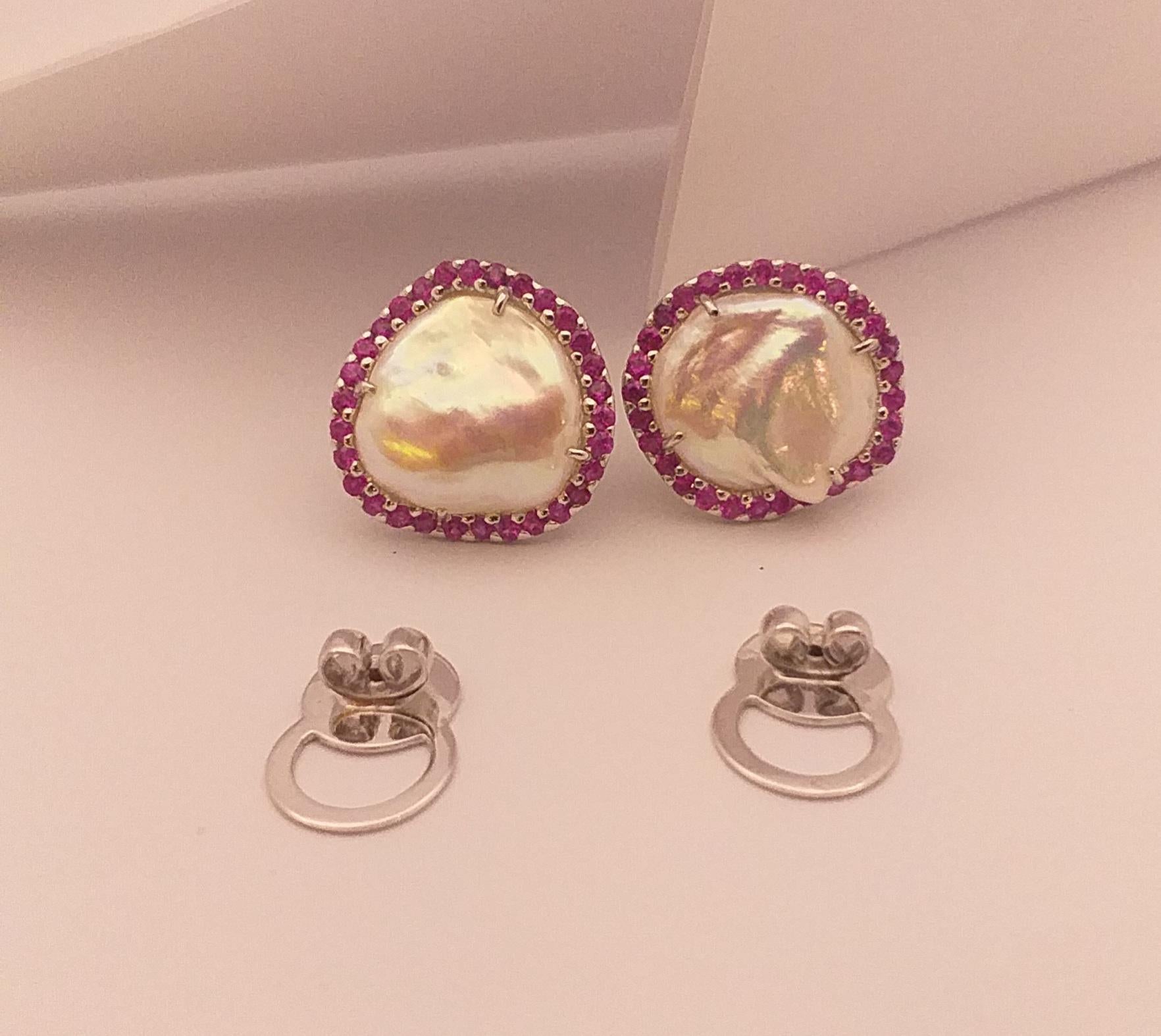 Fresh Water Pearl with Ruby Earrings Set in 18 Karat White Gold Settings For Sale 1