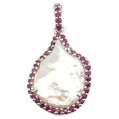 Fresh Water Pearl with Ruby Pendant Set in 18 Karat White Gold Settings