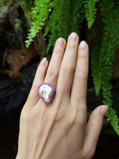 Fresh Water Pearl with Ruby Ring Set in 18 Karat White Gold Settings