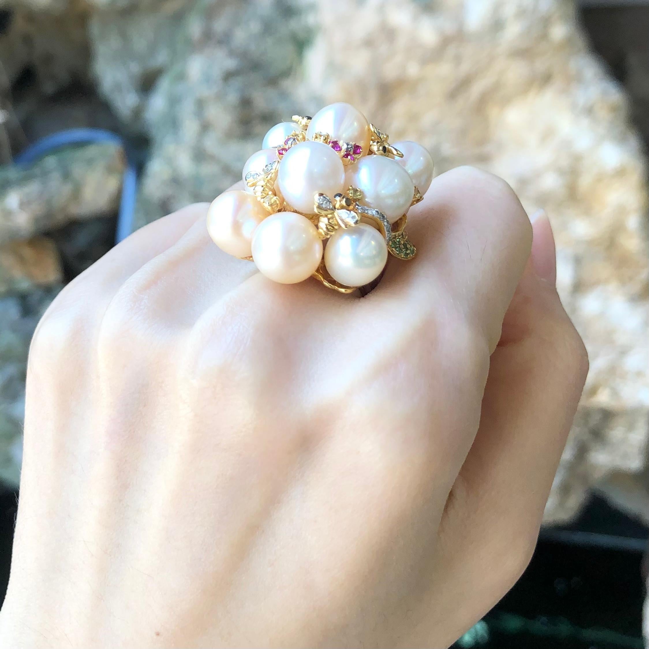 Fresh Water Pearl with Ruby, Yellow Sapphire, Tsavorite 0.72 carat and Diamond 0.16 carat Ring set in 18 Karat Gold Settings

Width:  3.0 cm 
Length: 3.8 cm
Ring Size: 54
Total Weight: 27.0 grams




