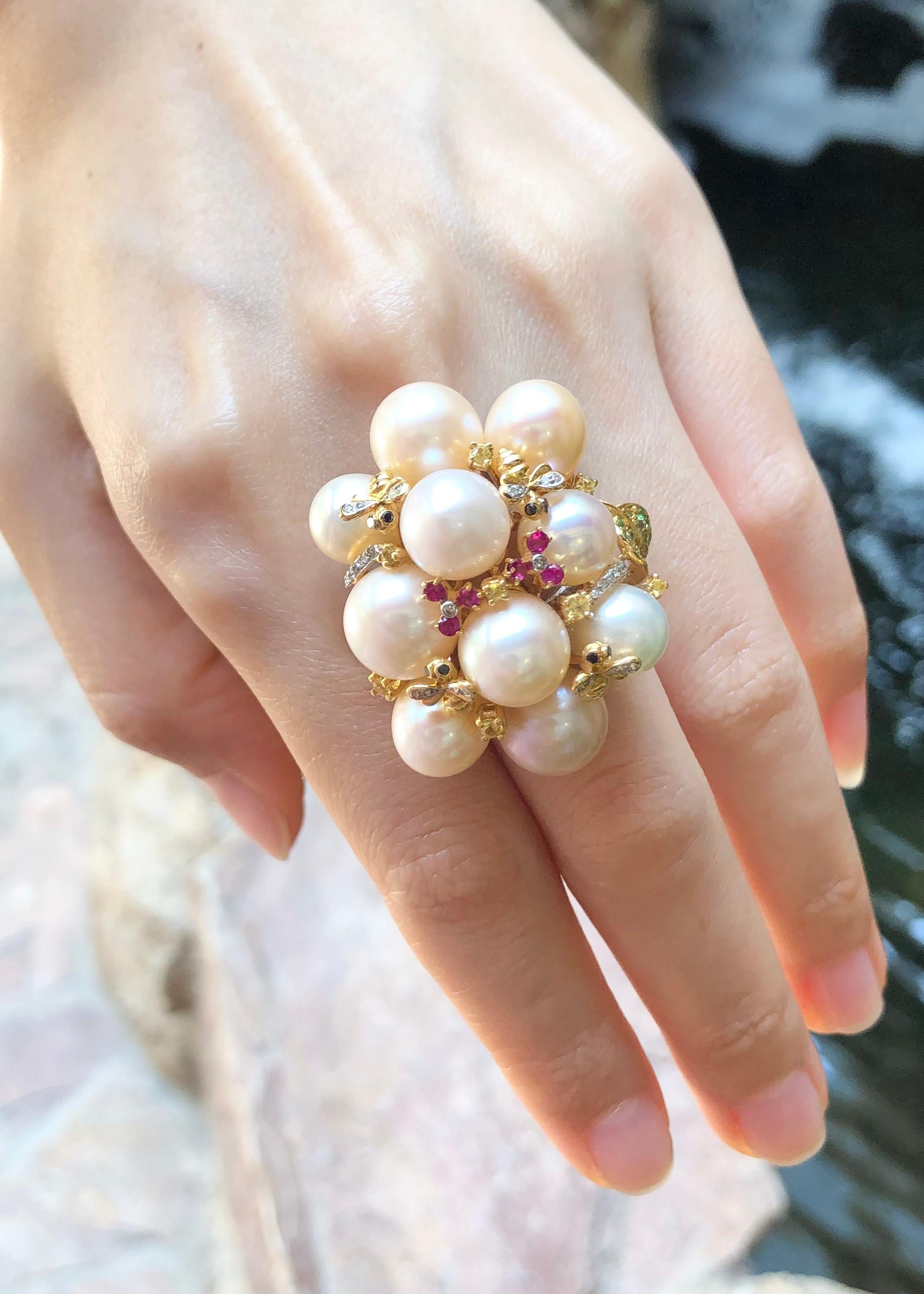 Brilliant Cut Fresh Water Pearl with Ruby, Yellow Sapphire, Tsavorite Ring in 18 Karat Gold For Sale