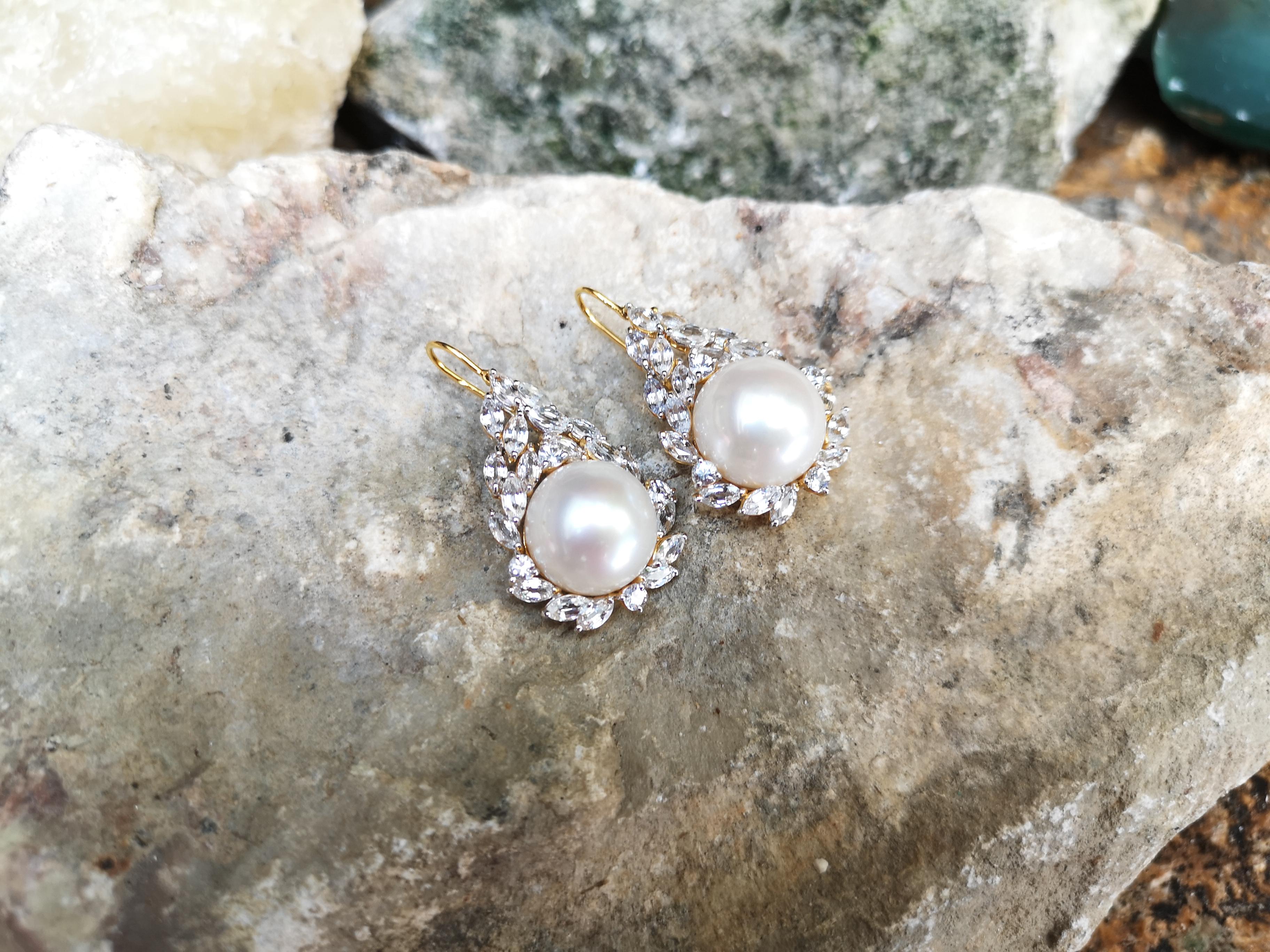 Marquise Cut Fresh Water Pearl with White Sapphire Earring Set in 18 Karat Gold Settings