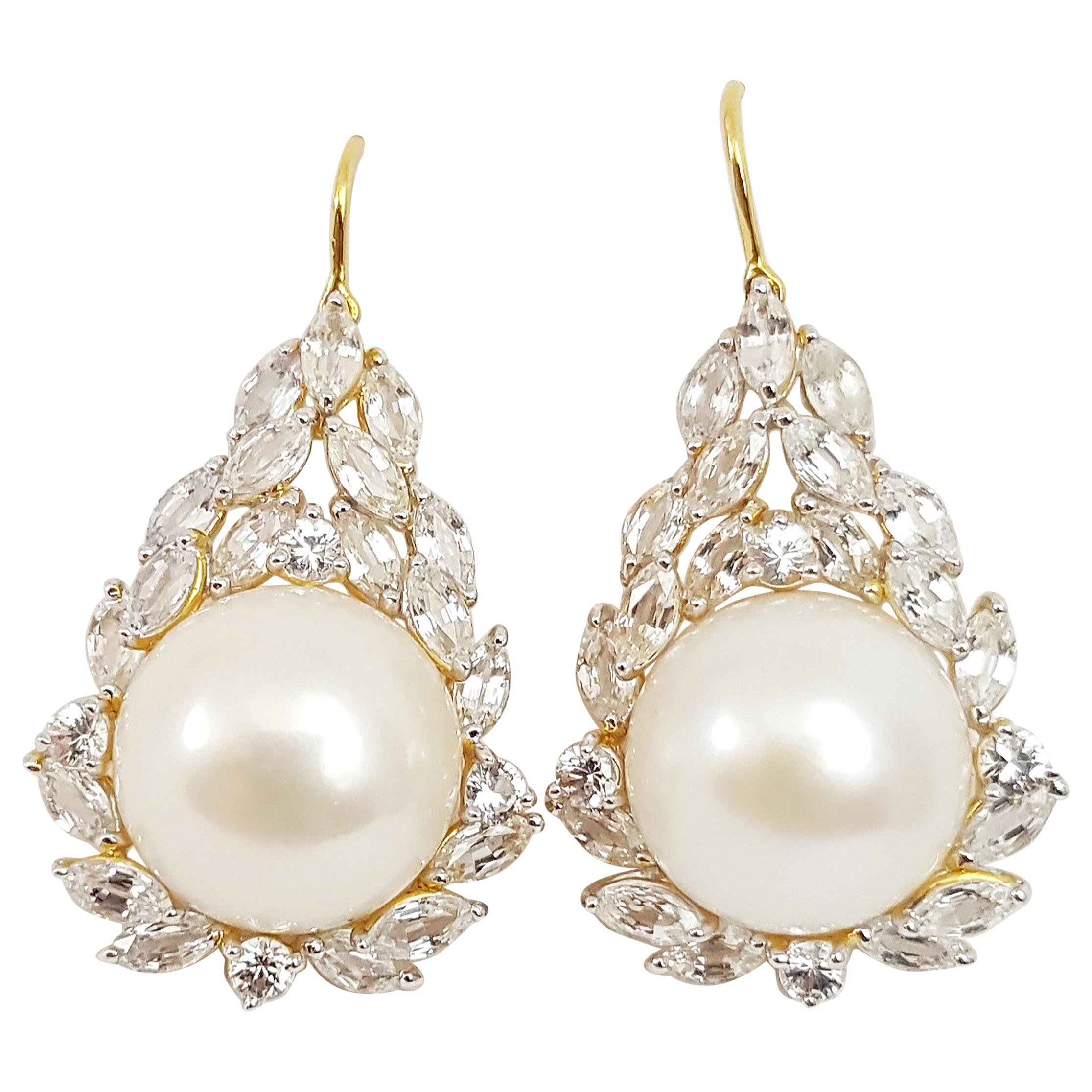 Fresh Water Pearl with White Sapphire Earring Set in 18 Karat Gold Settings