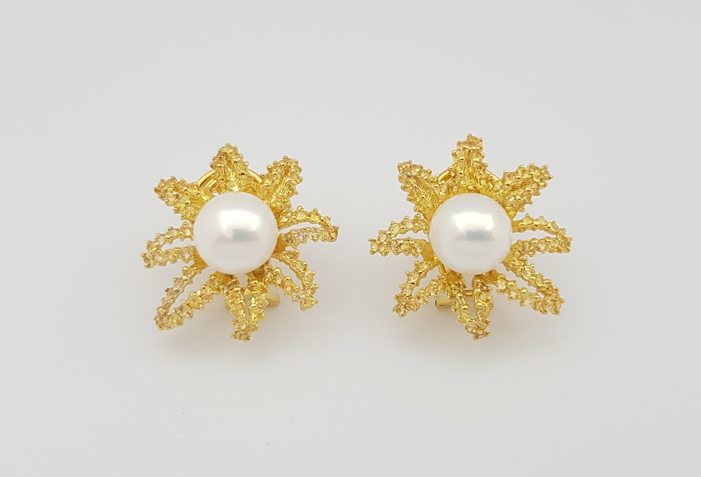 Contemporary Fresh Water Pearl with Yellow Sapphire Earrings Set in 18 Karat Gold Settings For Sale