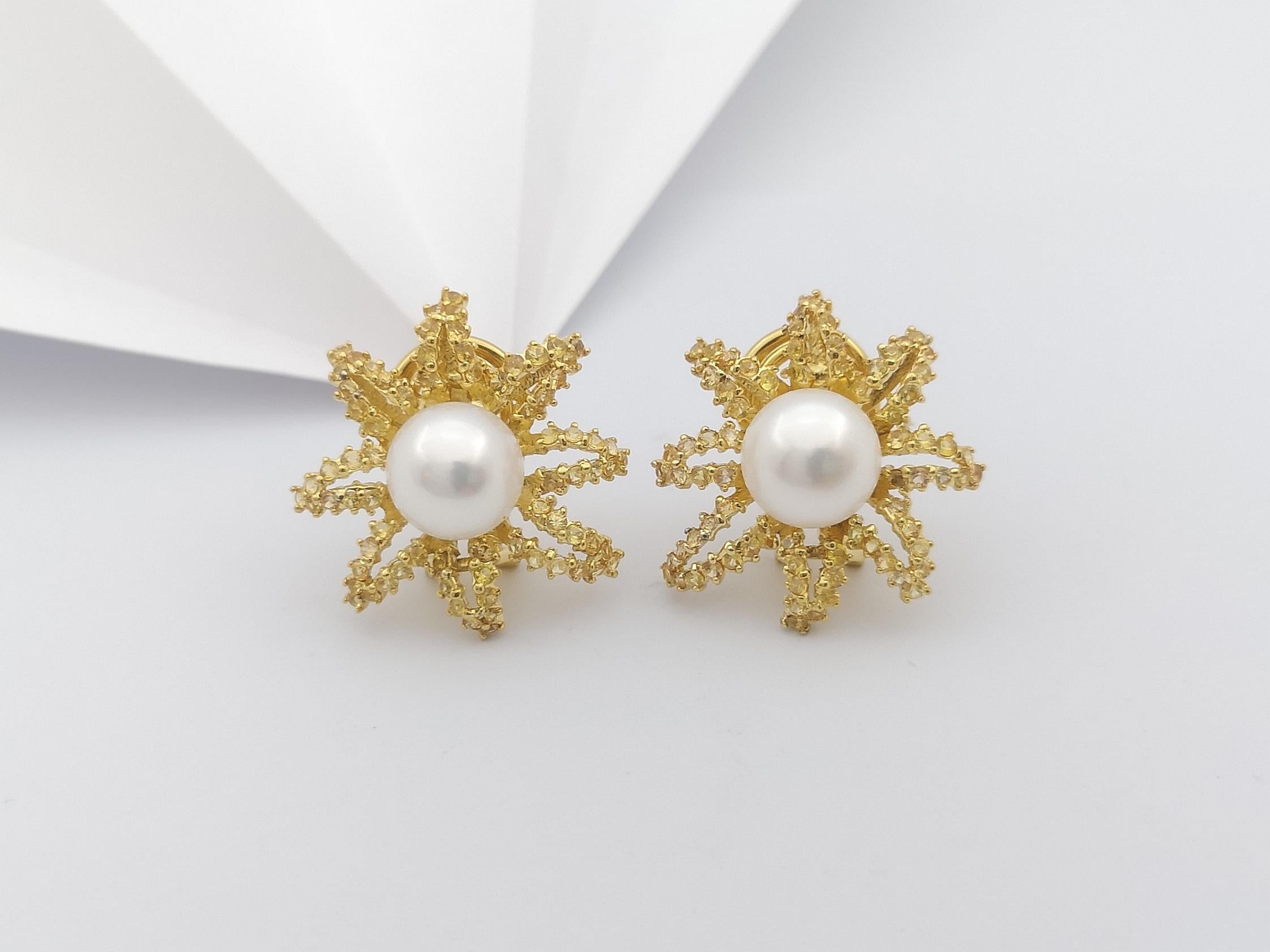 Brilliant Cut Fresh Water Pearl with Yellow Sapphire Earrings Set in 18 Karat Gold Settings For Sale