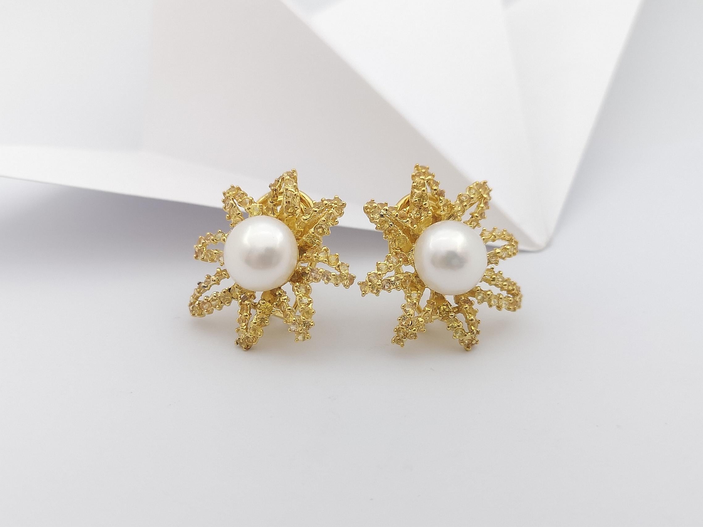 Fresh Water Pearl with Yellow Sapphire Earrings Set in 18 Karat Gold Settings For Sale 2