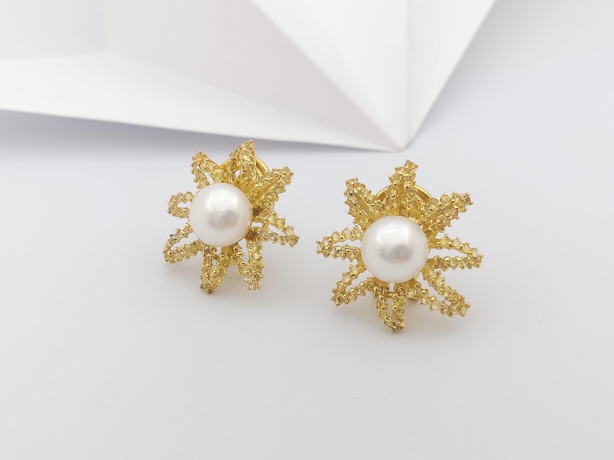 Fresh Water Pearl with Yellow Sapphire Earrings Set in 18 Karat Gold Settings For Sale 3