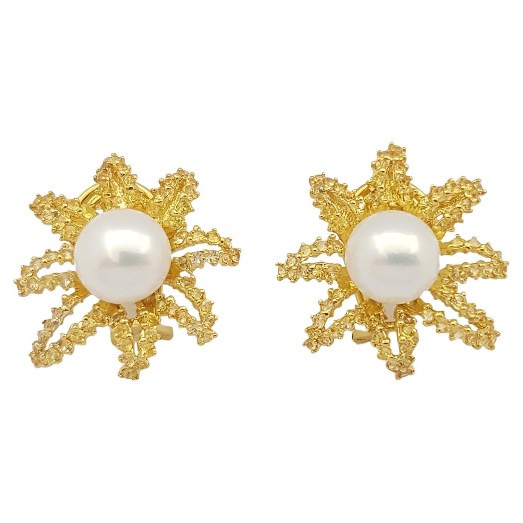 Fresh Water Pearl with Yellow Sapphire Earrings Set in 18 Karat Gold Settings For Sale