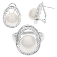 Fresh Water Pearls Earrings & Ring Set with Pearls with Baguettes