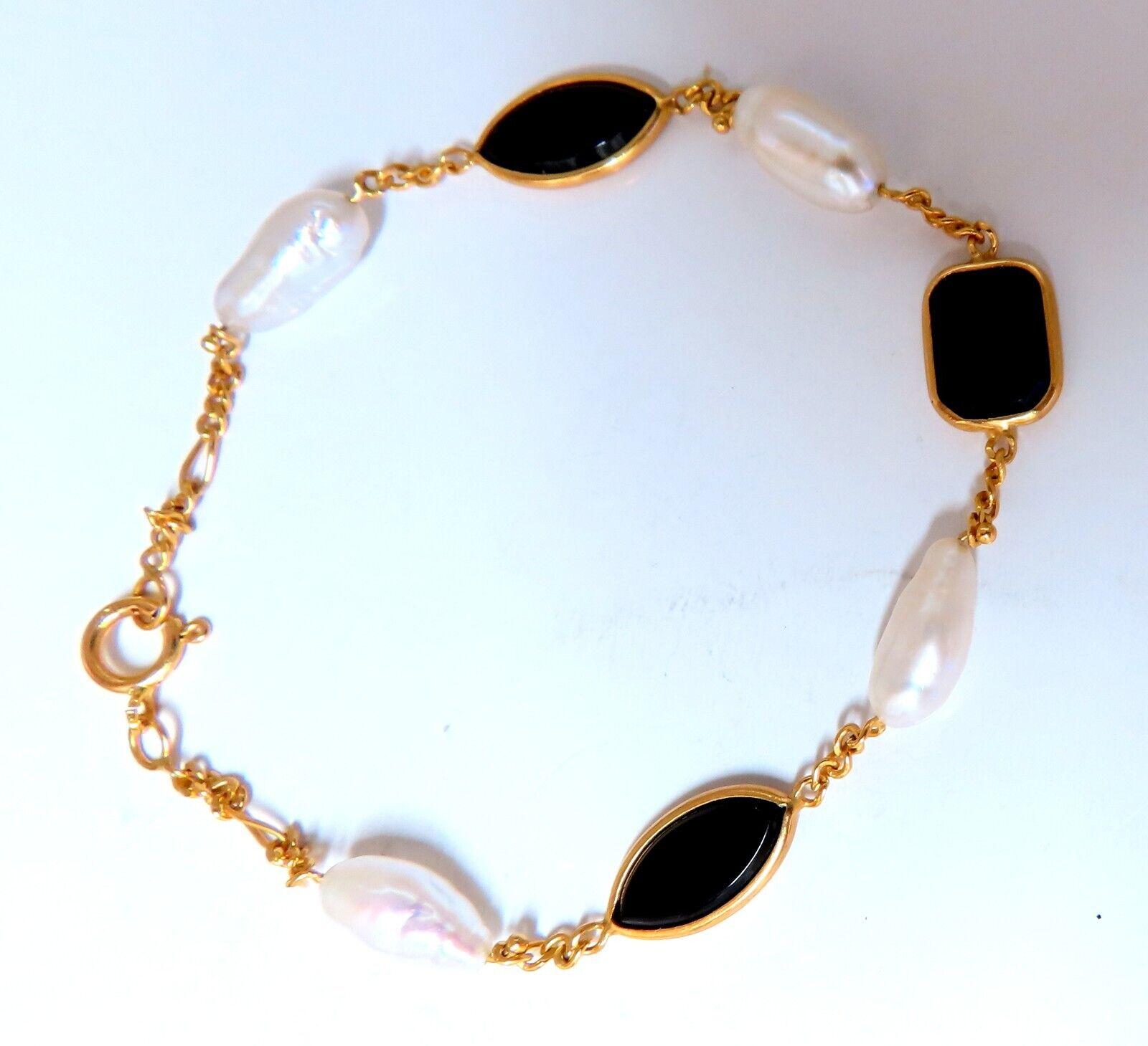 Uncut Fresh Water Pearls Onyx Bracelet 14kt Gold For Sale