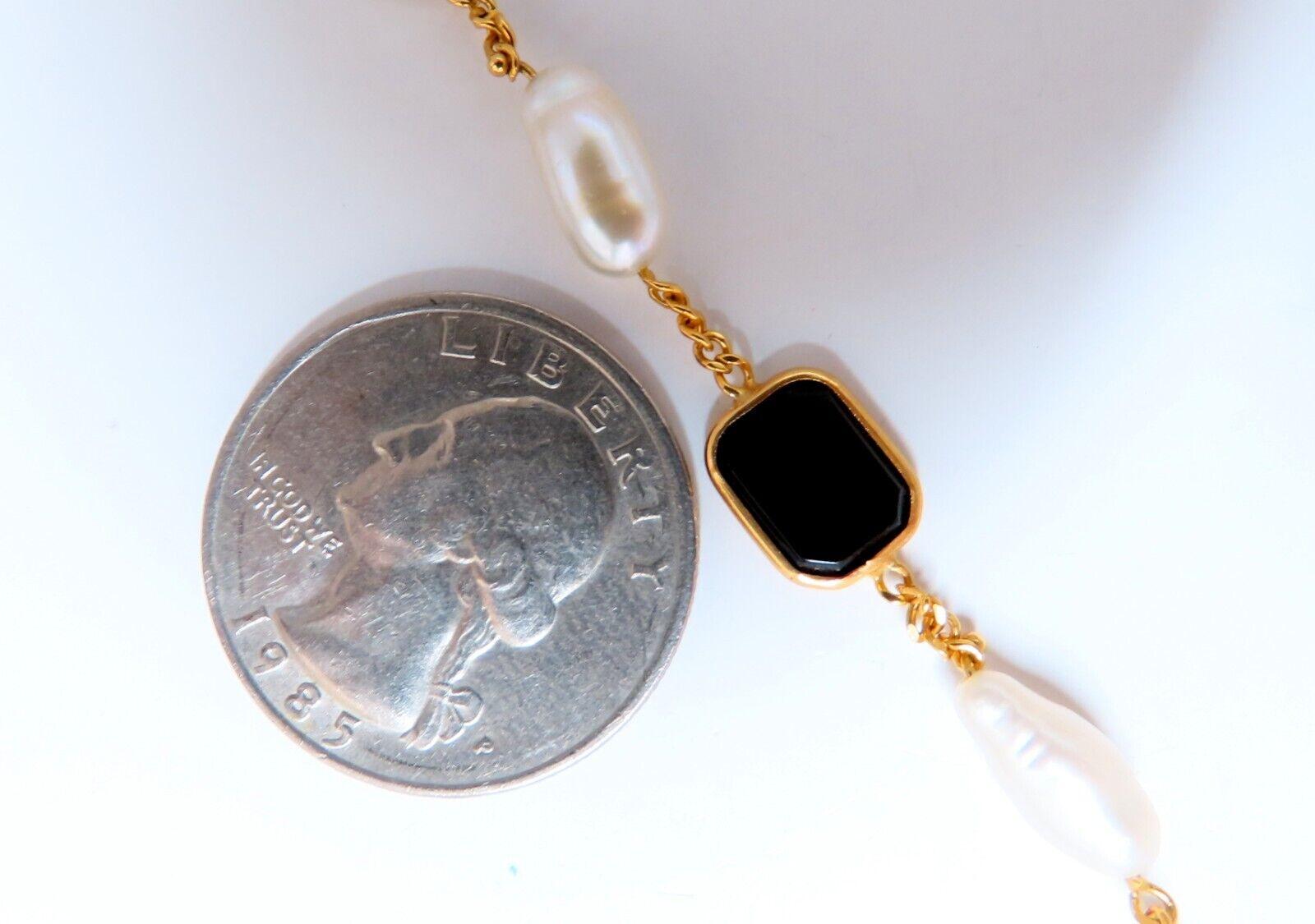 Women's or Men's Fresh Water Pearls Onyx Bracelet 14kt Gold For Sale