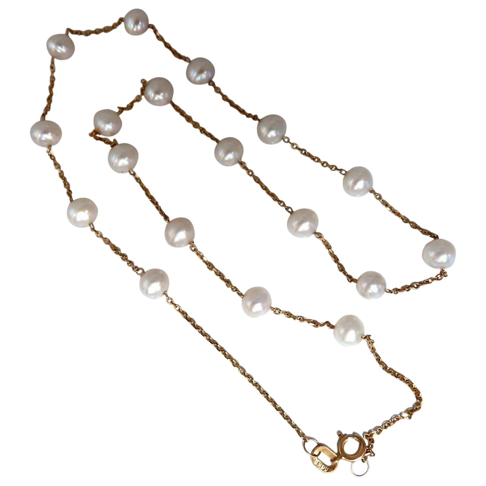 Fresh Water Pearls Yard Necklace 14 Karat Gold For Sale