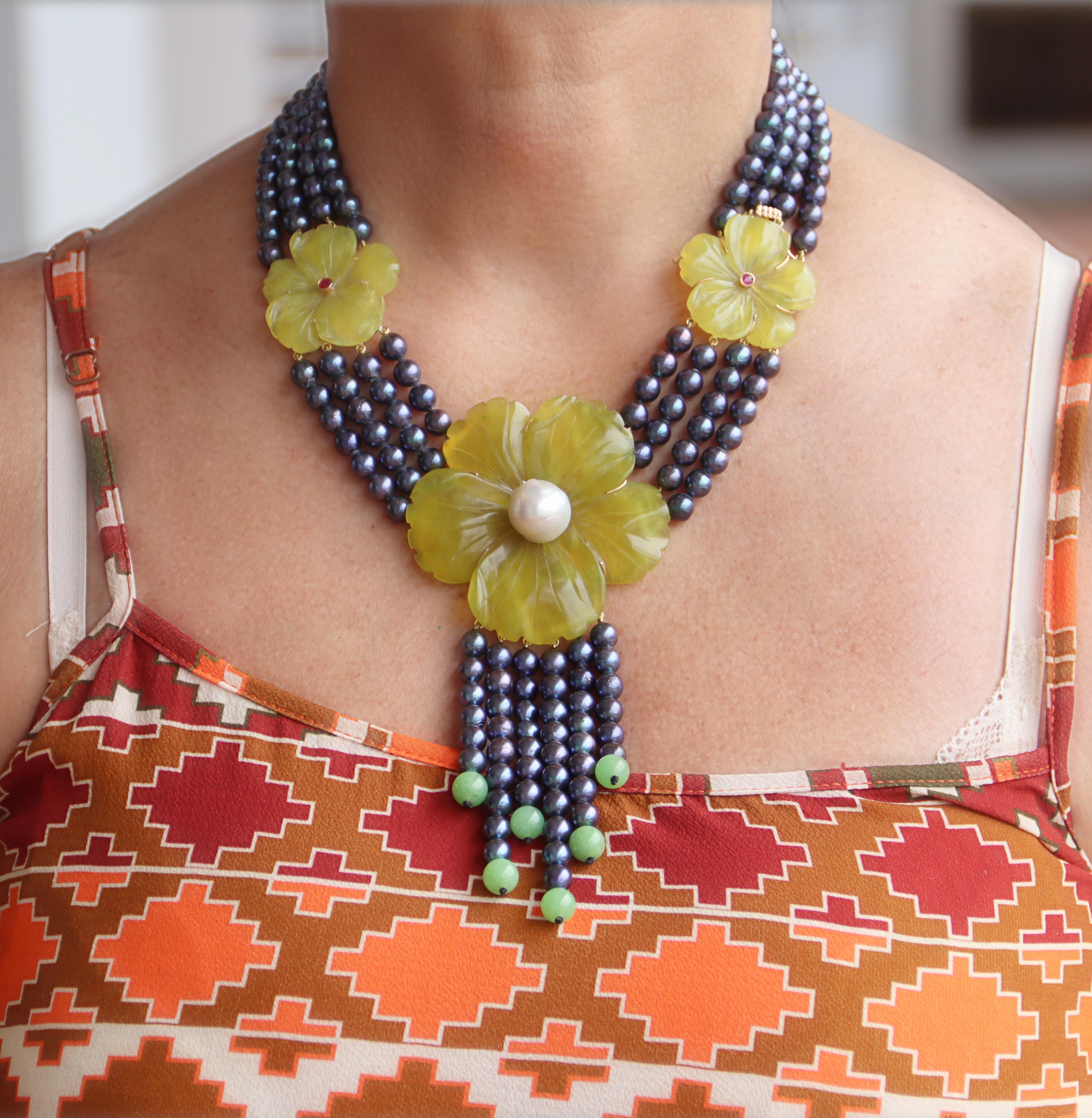 Collier à plusieurs rangs en or jaune 14 carats, perles d'eau douce et quartz jaune en vente 7