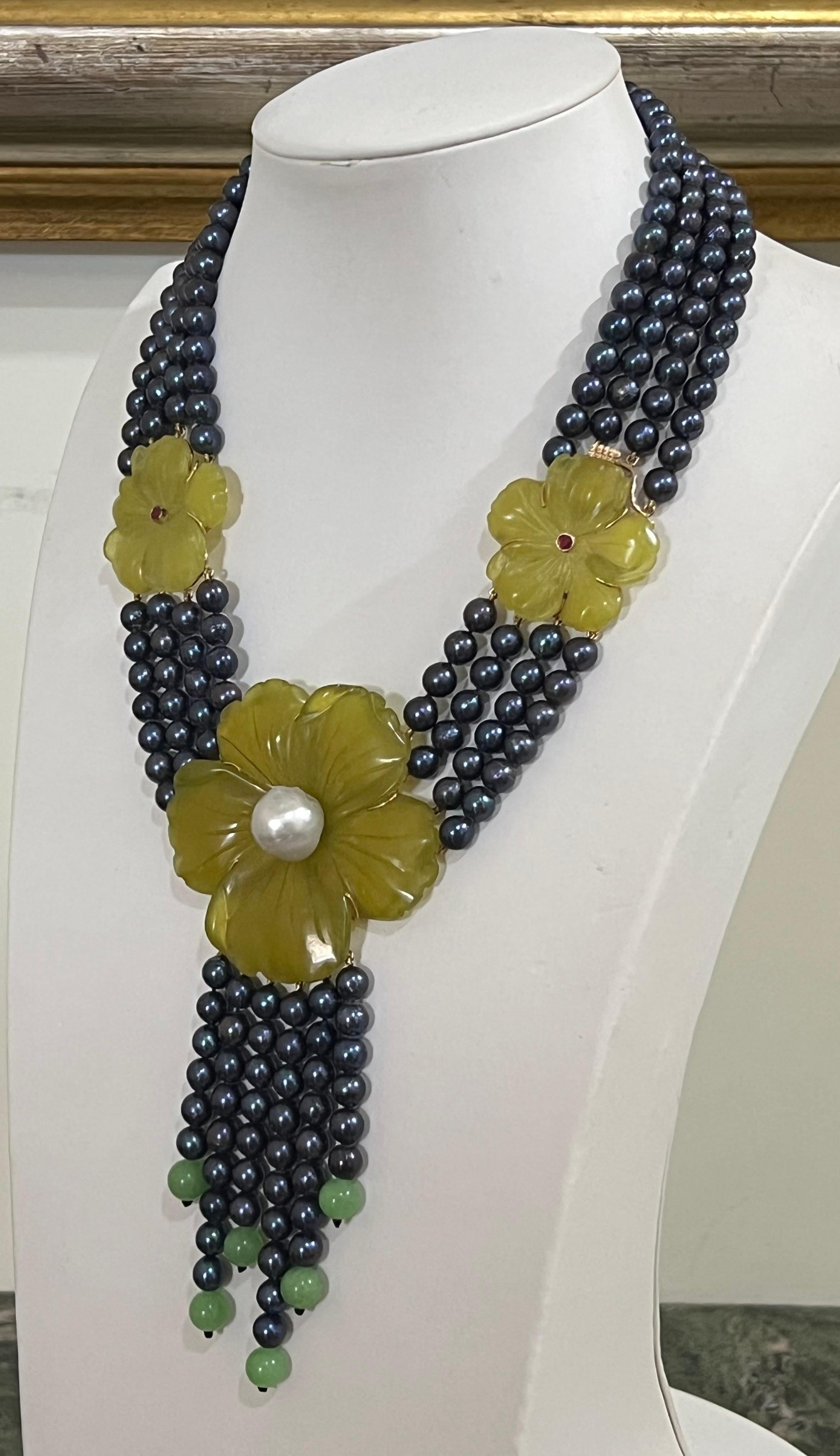 Artisan Collier à plusieurs rangs en or jaune 14 carats, perles d'eau douce et quartz jaune en vente