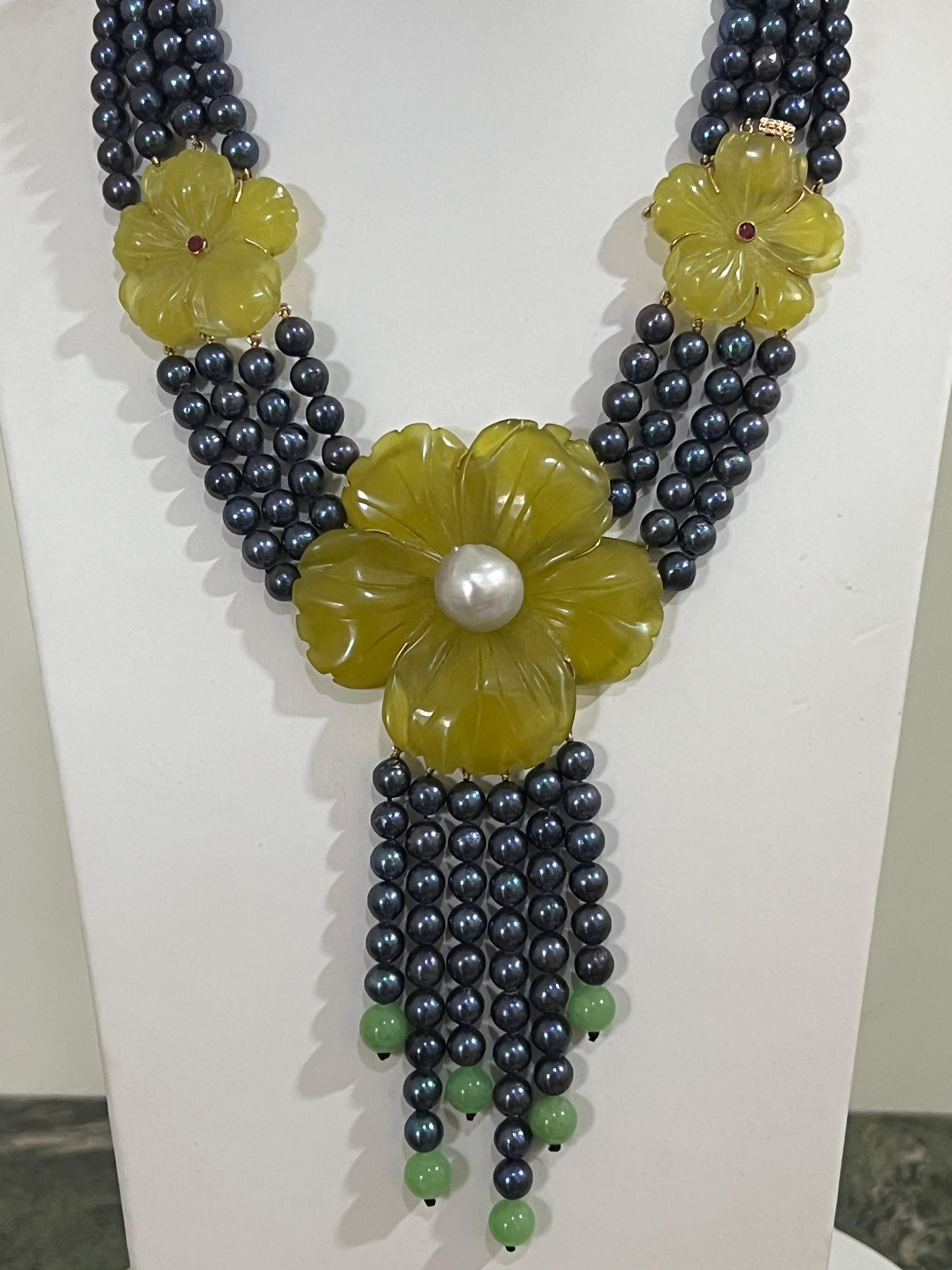 Taille mixte Collier à plusieurs rangs en or jaune 14 carats, perles d'eau douce et quartz jaune en vente