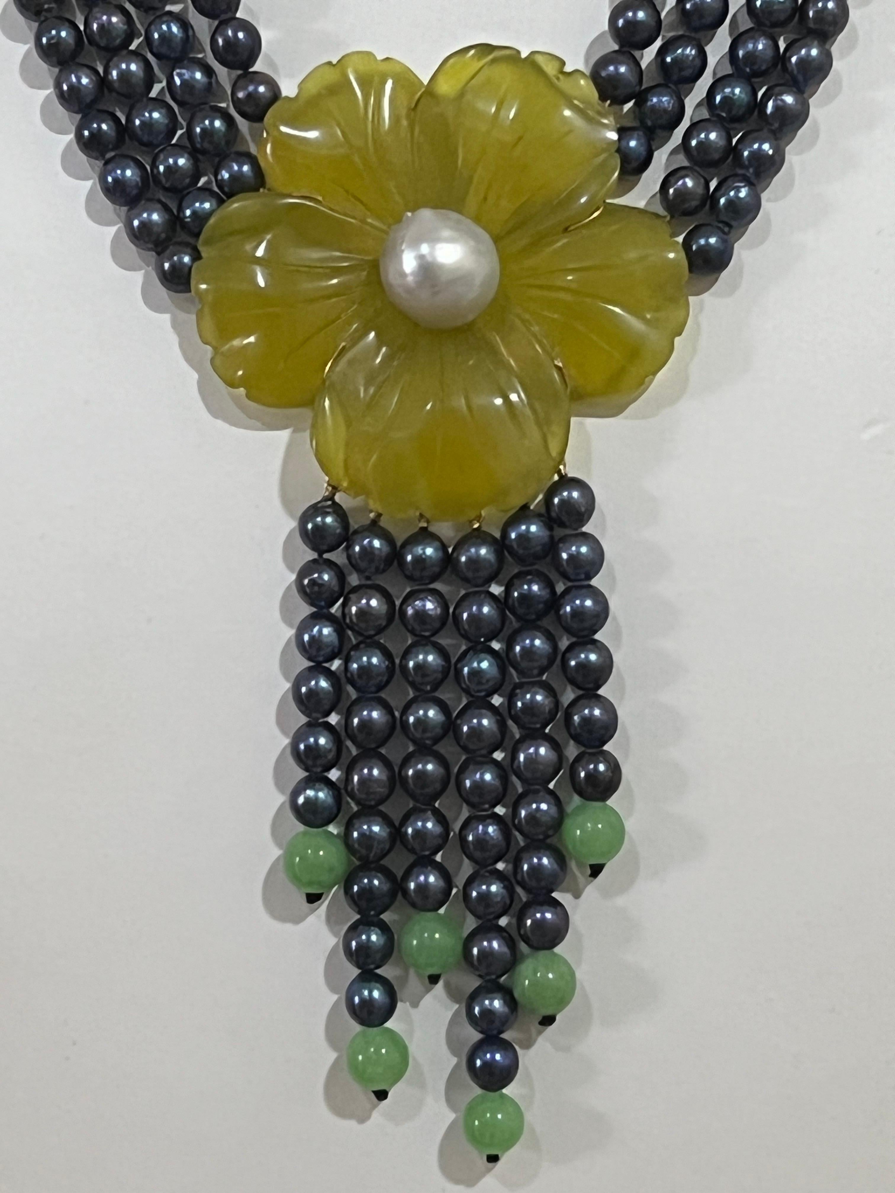 Collier à plusieurs rangs en or jaune 14 carats, perles d'eau douce et quartz jaune en vente 1
