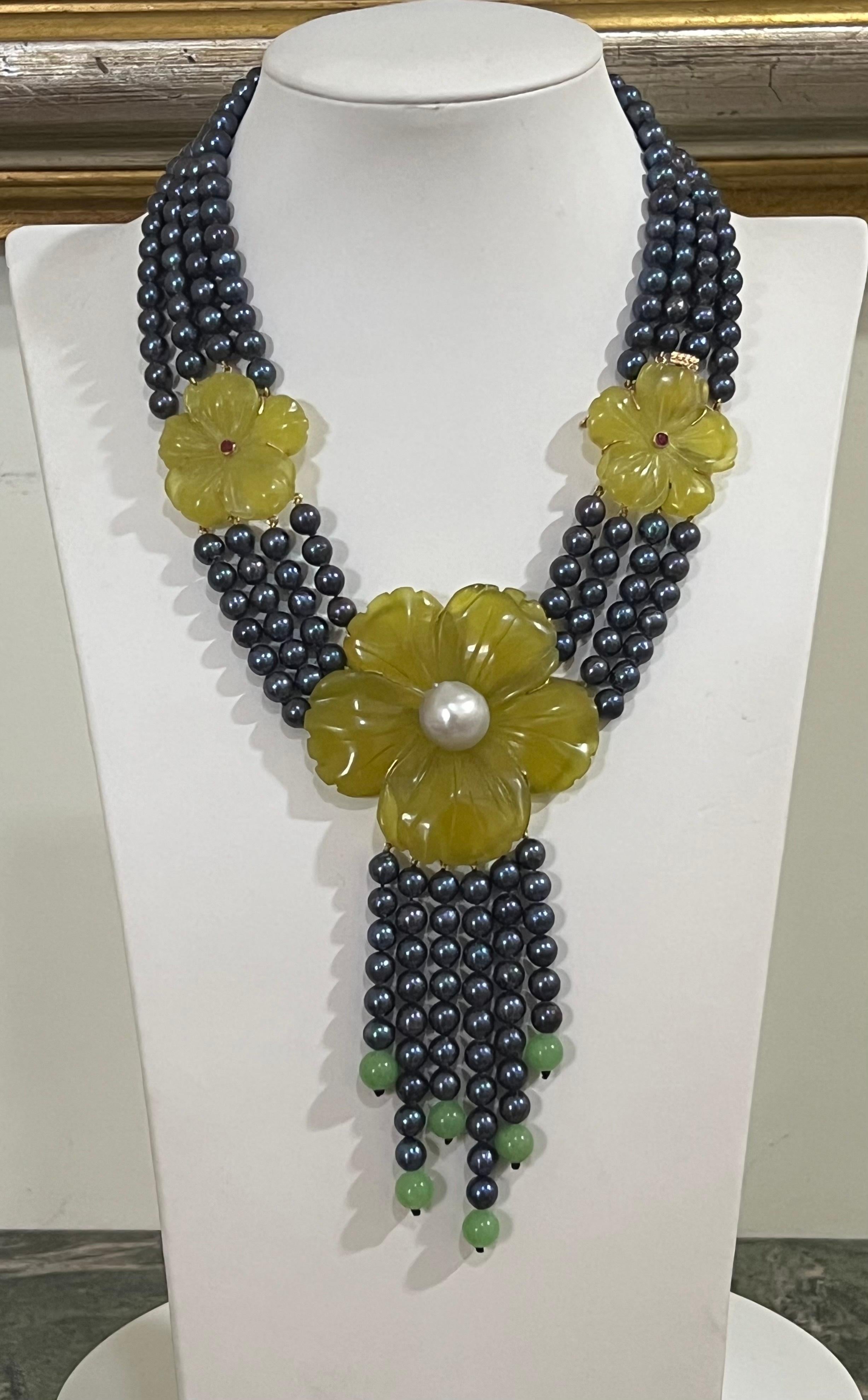 Collier à plusieurs rangs en or jaune 14 carats, perles d'eau douce et quartz jaune en vente 2