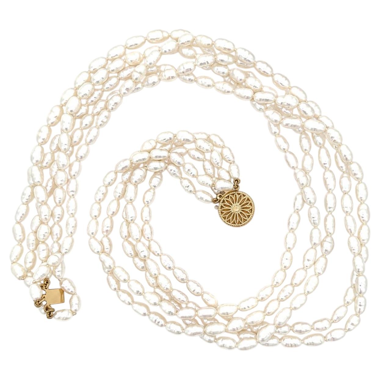 Freshwater Baroque Pearls Multi Strand Necklace w/ 14k Gold Filigree Round Clasp For Sale