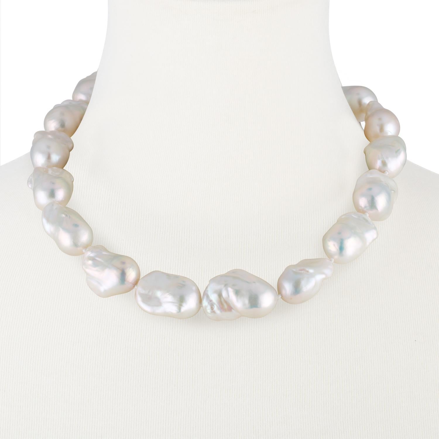Uncut Freshwater Baroque White Cultured Pearl Necklace with 14 Karat Yellow Gold Clasp For Sale
