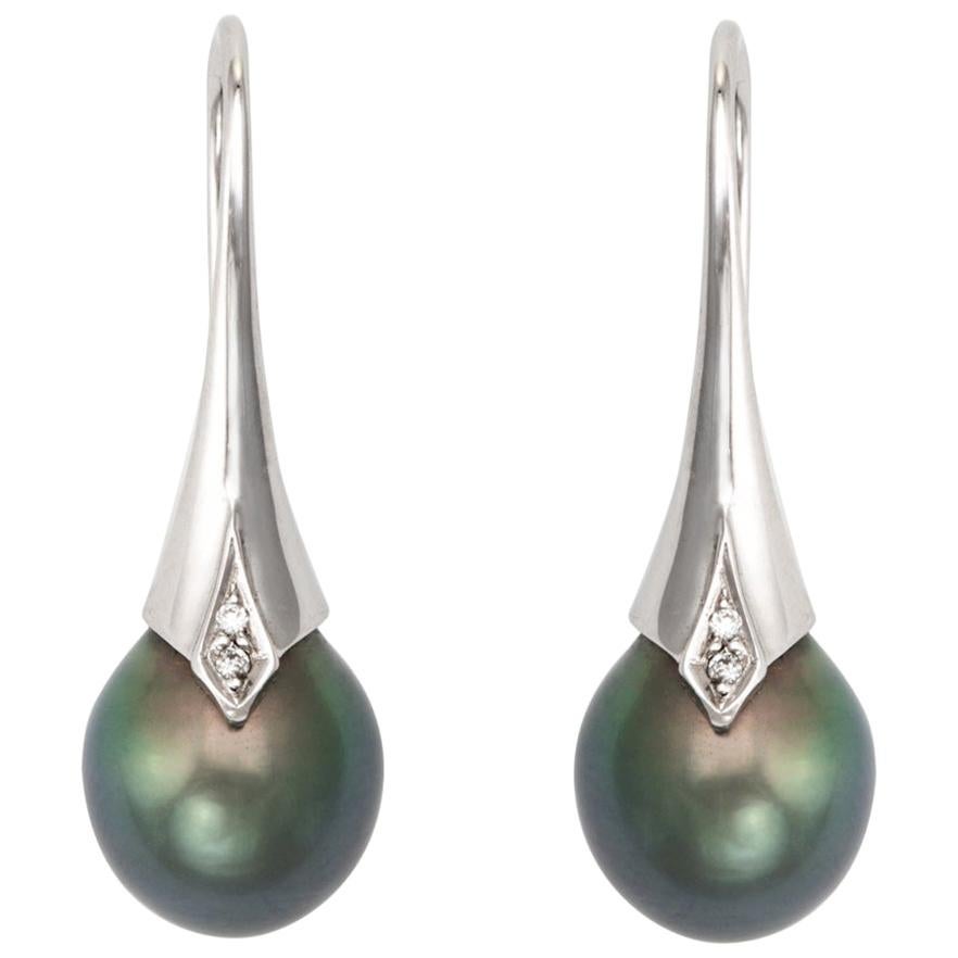Freshwater Black Pearl Diamond Drop Earrings Estate 18 Karat White Gold Jewelry