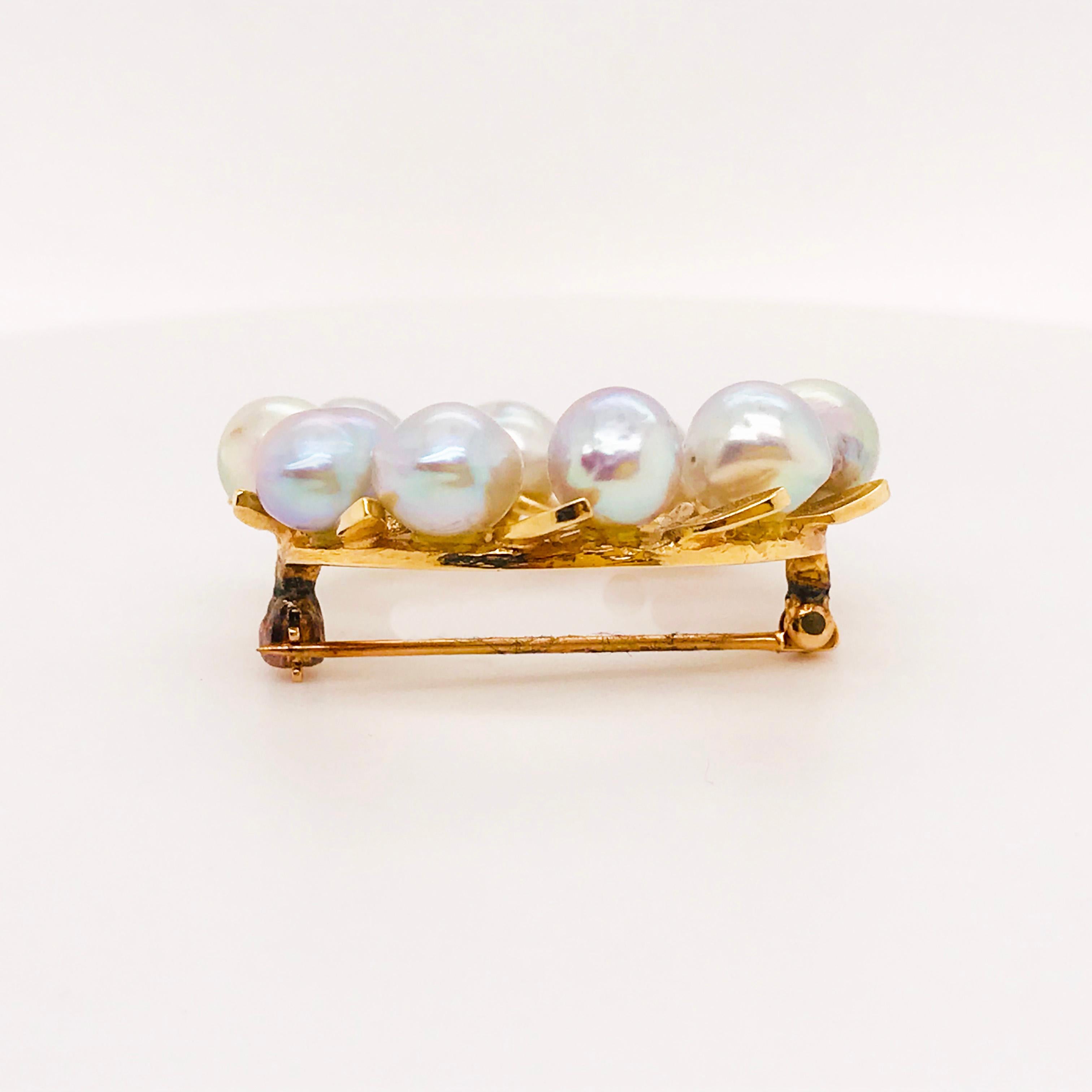 Round Cut Blue Pearl Brooch, Freshwater, Gold Leaf, Custom Pin in 14 Karat Yellow Gold